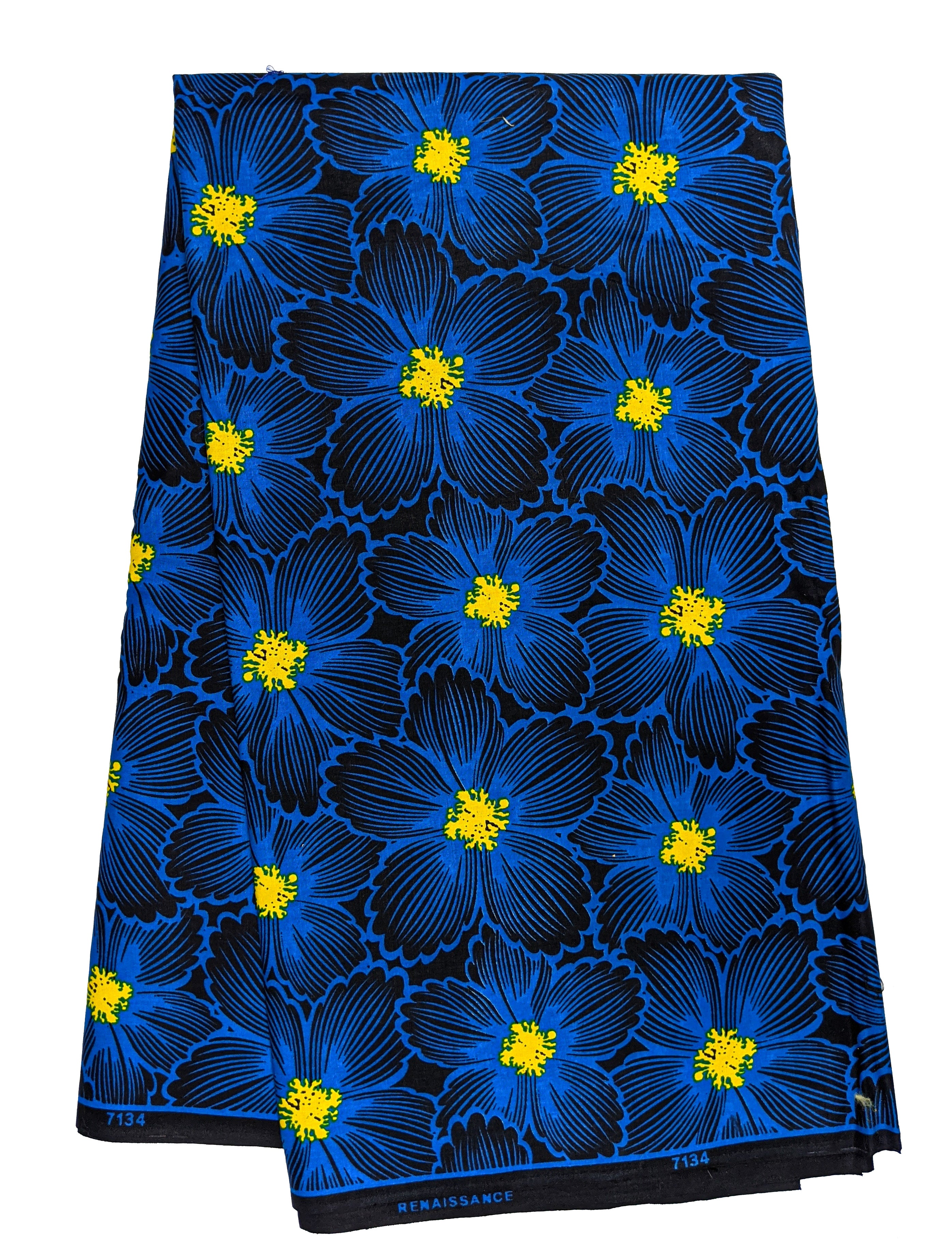 Blue Floral African Wax Print Fabric - 6 Yards