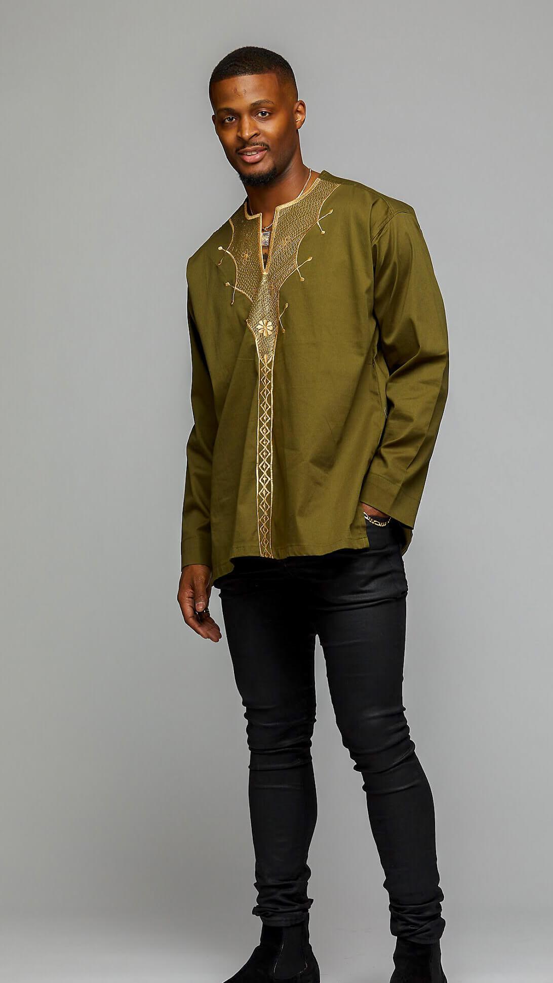 African Long Sleeve w/Gold Embroidery - AFRIKAN ATTIRE - #african_clothing -