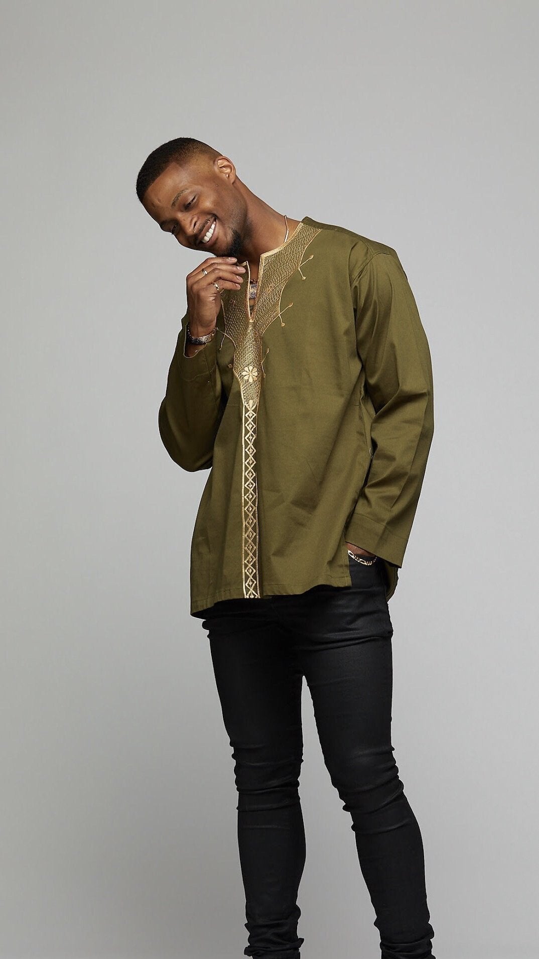 African Long Sleeve w/Gold Embroidery - AFRIKAN ATTIRE - #african_clothing -