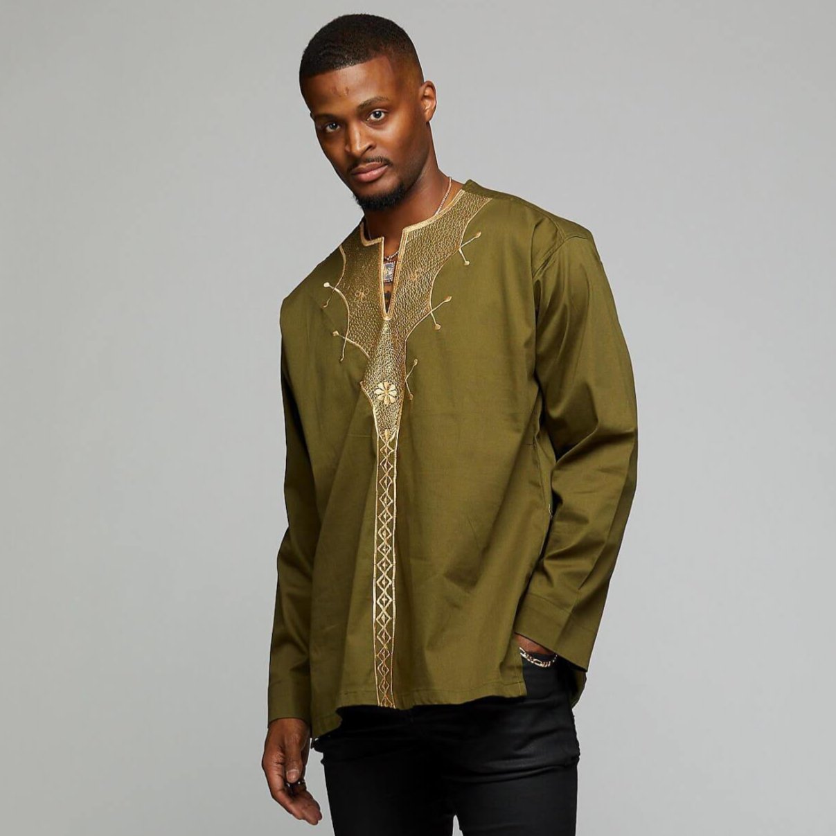 African Long Sleeve w/Gold Embroidery - AFRIKAN ATTIRE - #african_clothing -