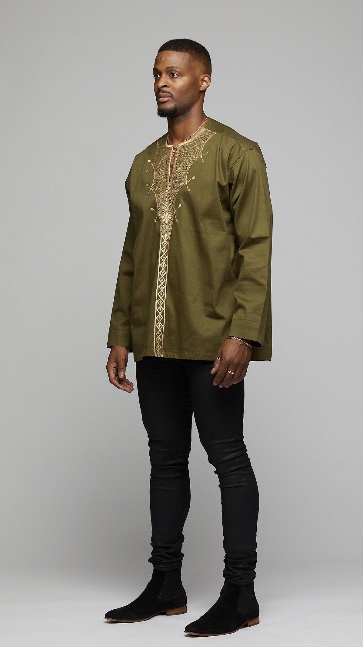 African Long Sleeve w/Gold Embroidery - AFRIKAN ATTIRE - #african_clothing -