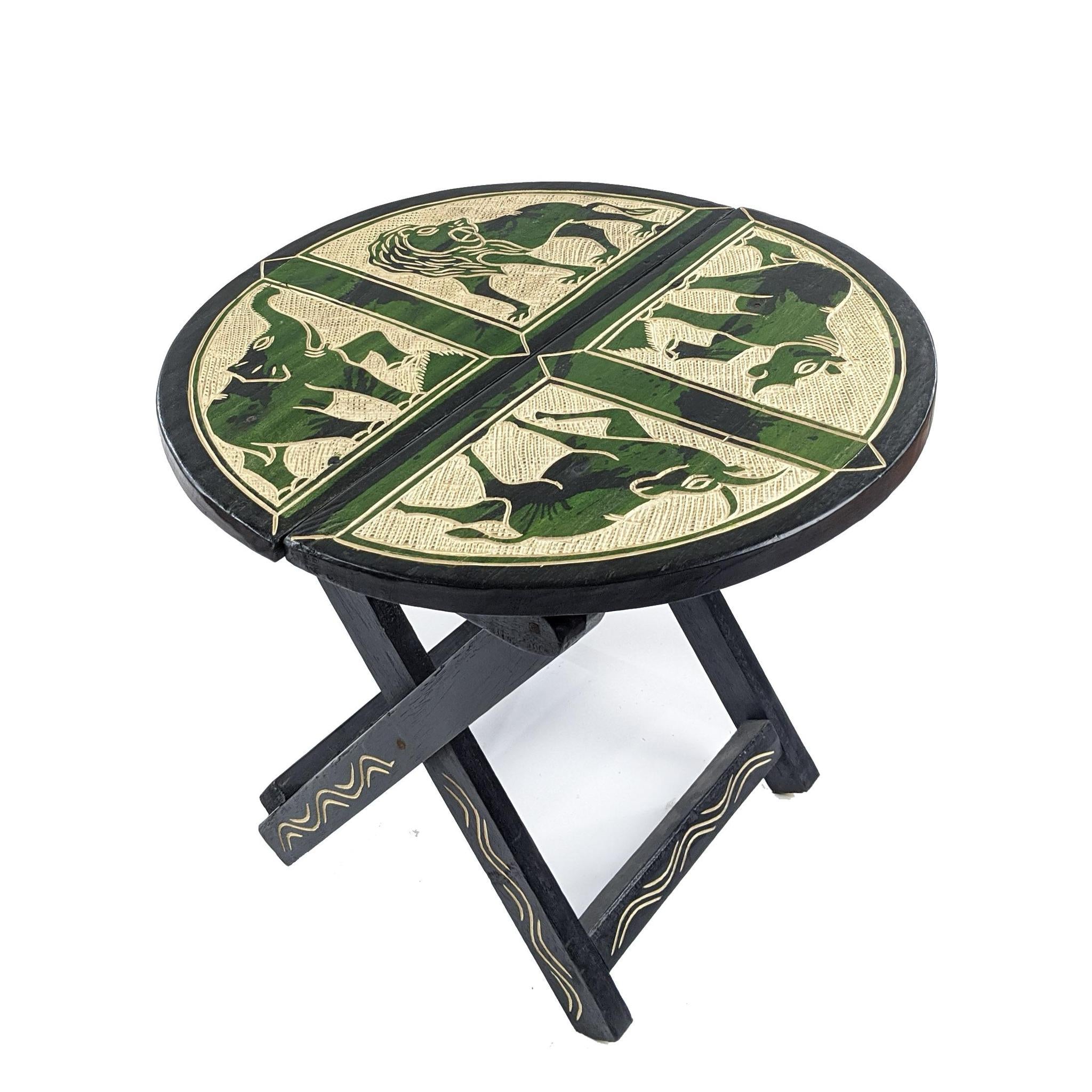Green Handcrafted Circular Carved Wood Folding Table