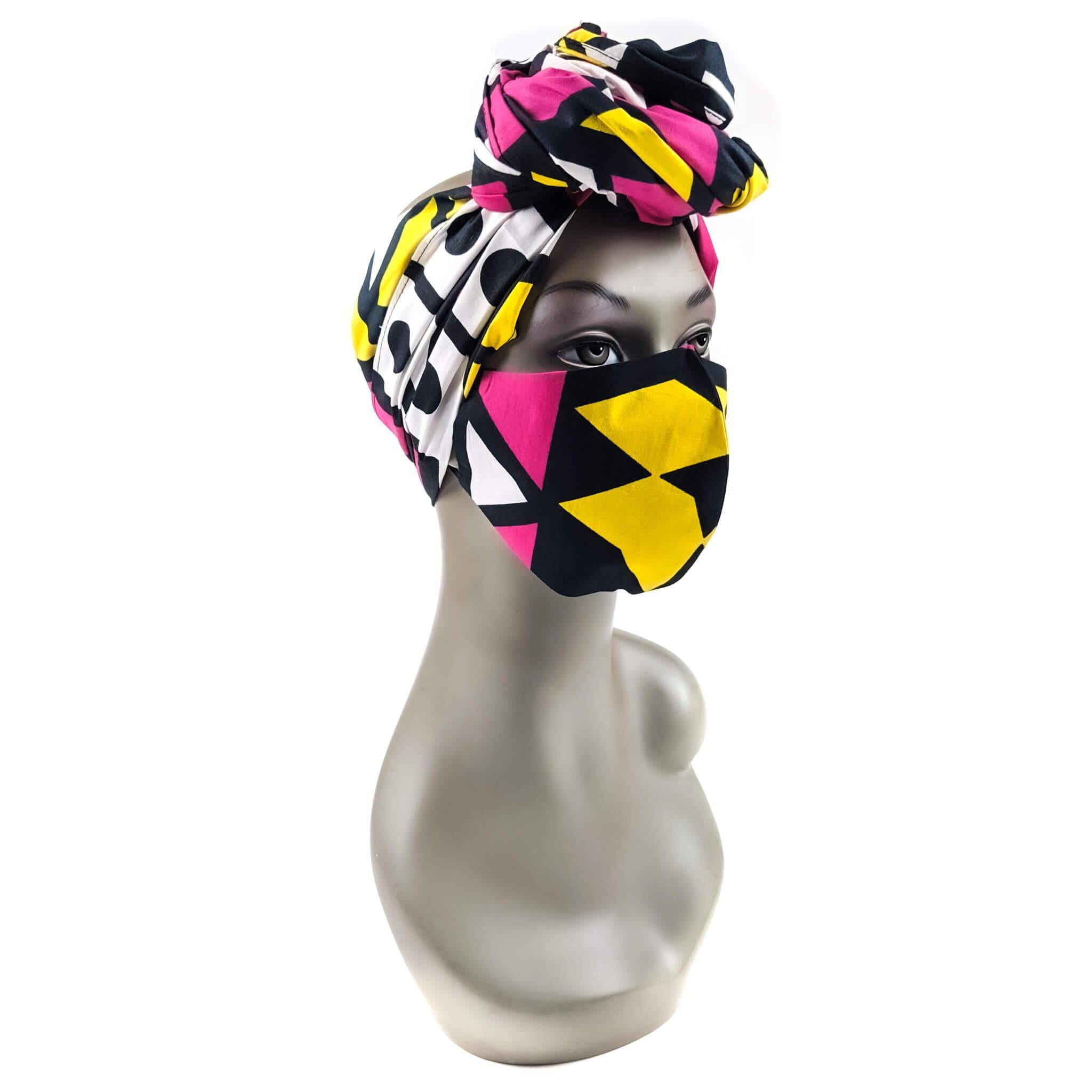 Handmade Ankara Face Mask with Head Scarf & Disposal Filters