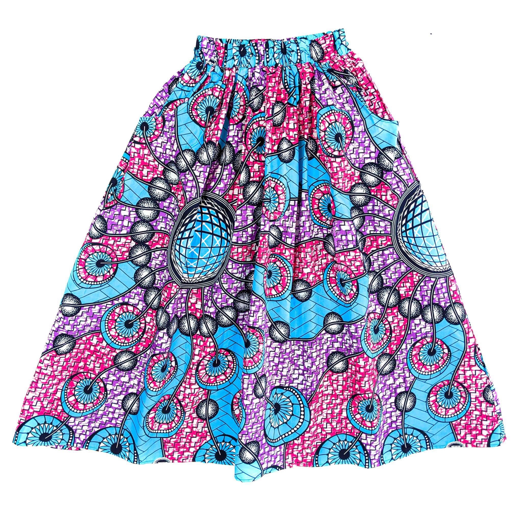 Handmade Blue Multi Ankara Print Midi Skirt