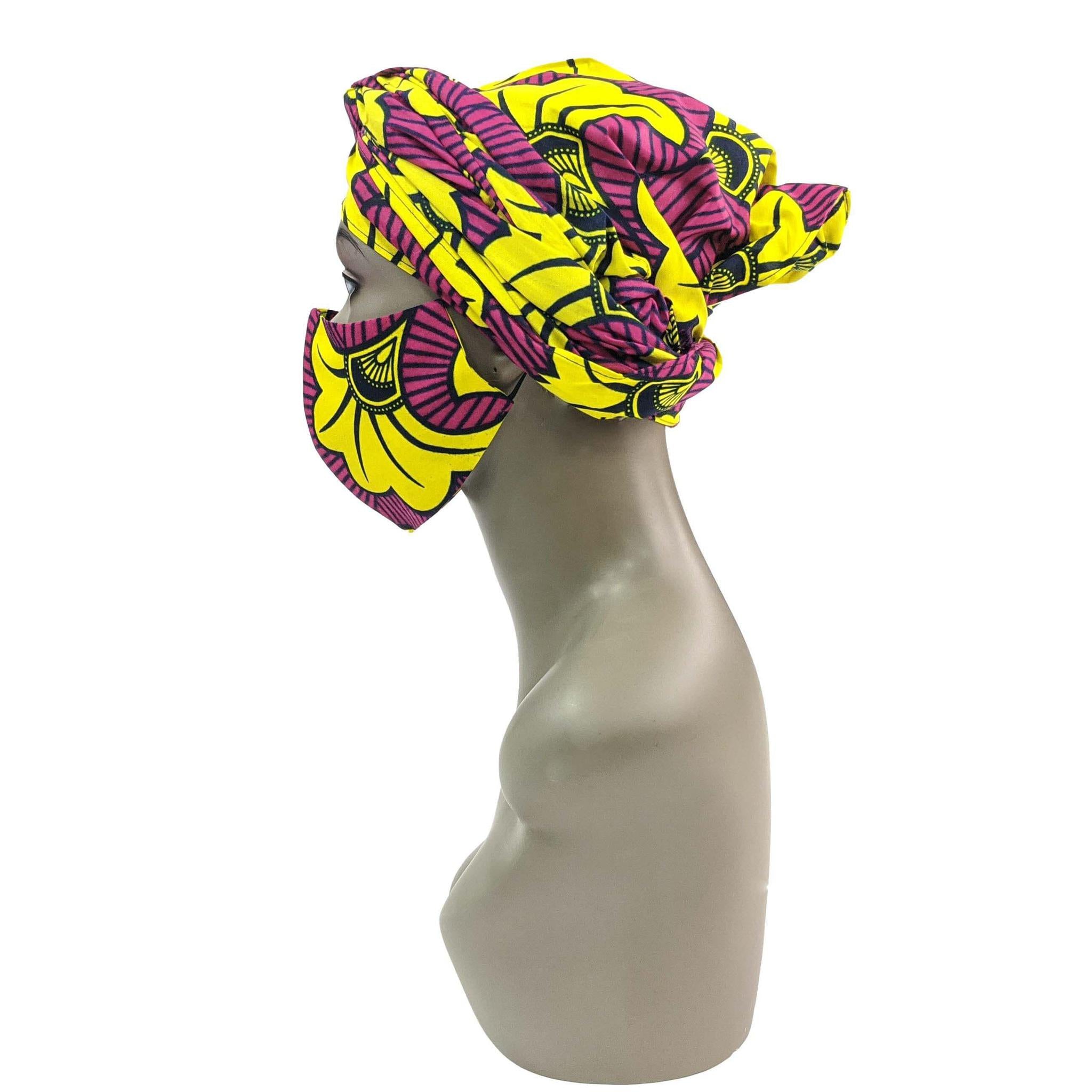Ankara Face Mask with Head Scarf and PM 2.5 Face Cover Disposal Filters