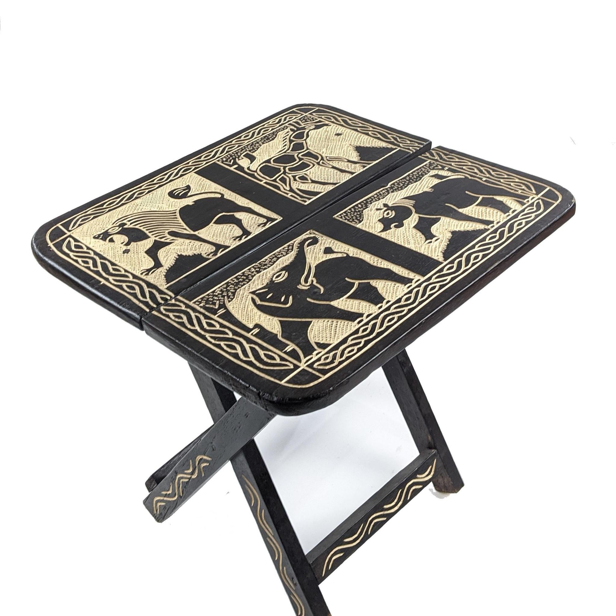 Handcrafted Rectangular Carved Wood Folding Table