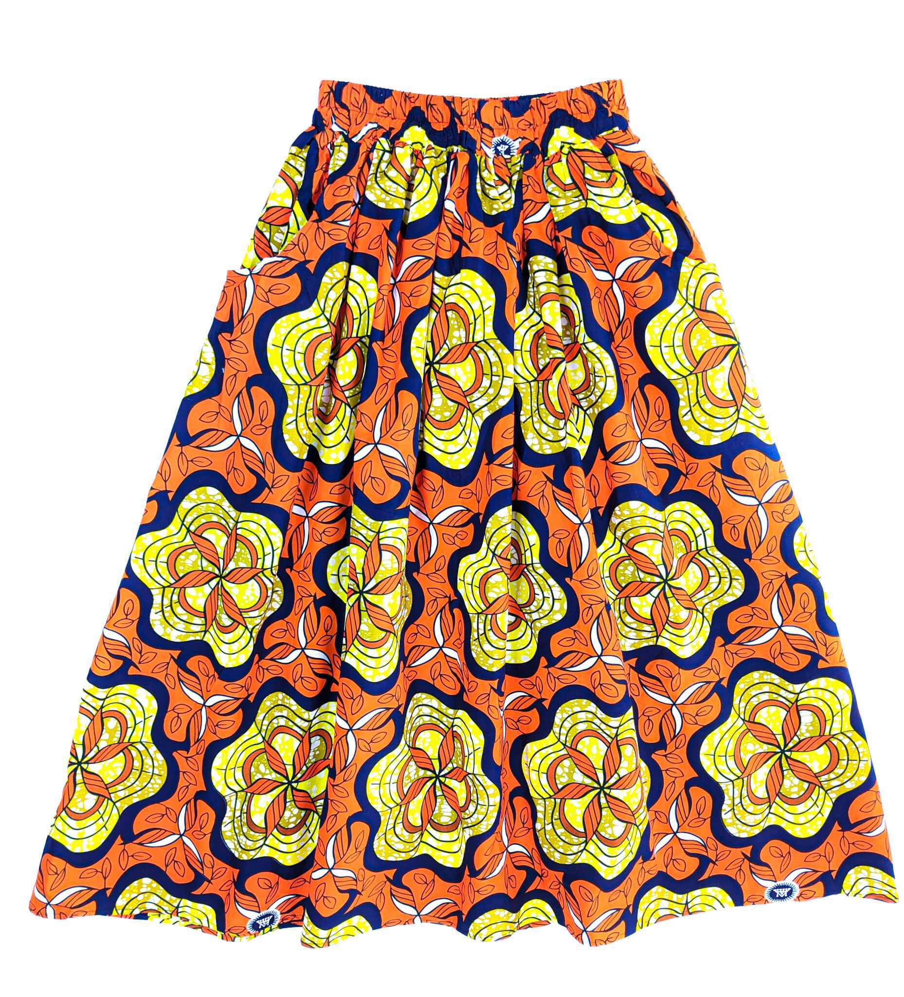 Handmade Orange Multi Floral Ankara Print Midi Skirt