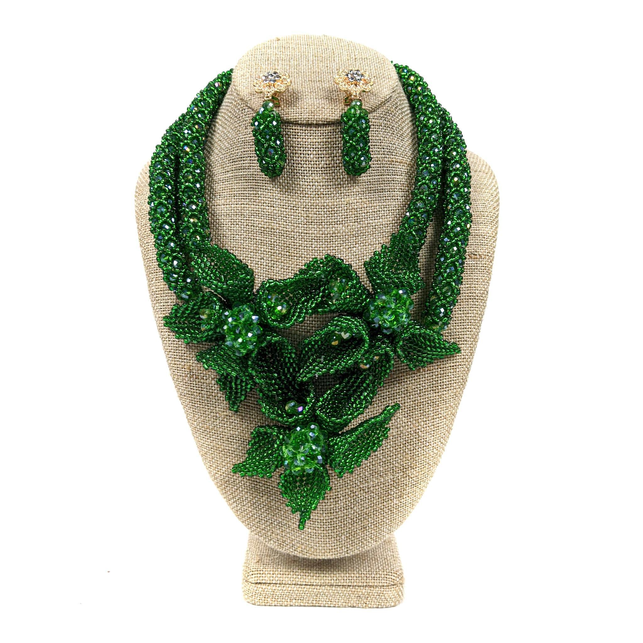 Green Petal Flower Beaded Neckpiece Set