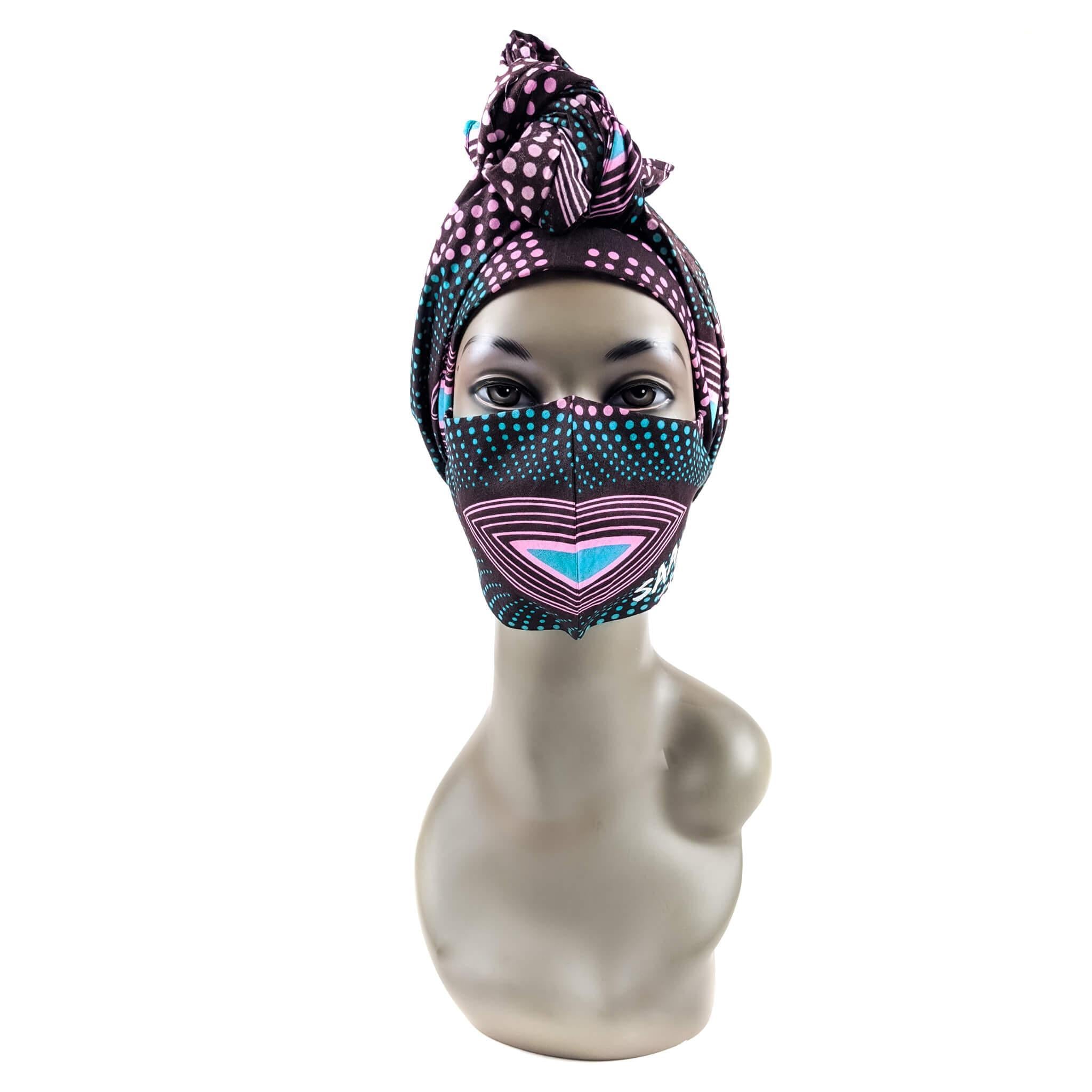 Handmade Ankara Face Mask with Head Scarf & Disposal Filters