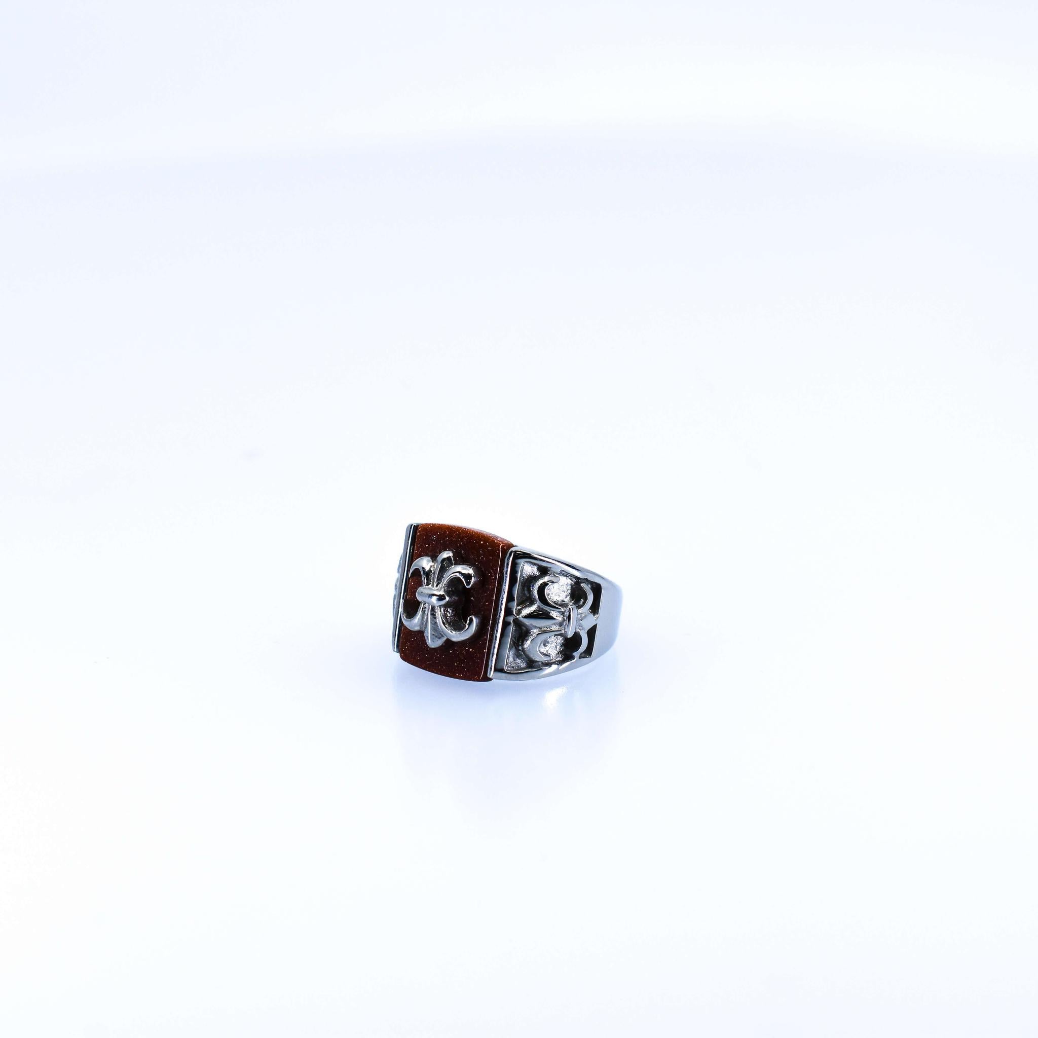Silver-Tone Fleur-de-Lis Goldstone Signet Ring