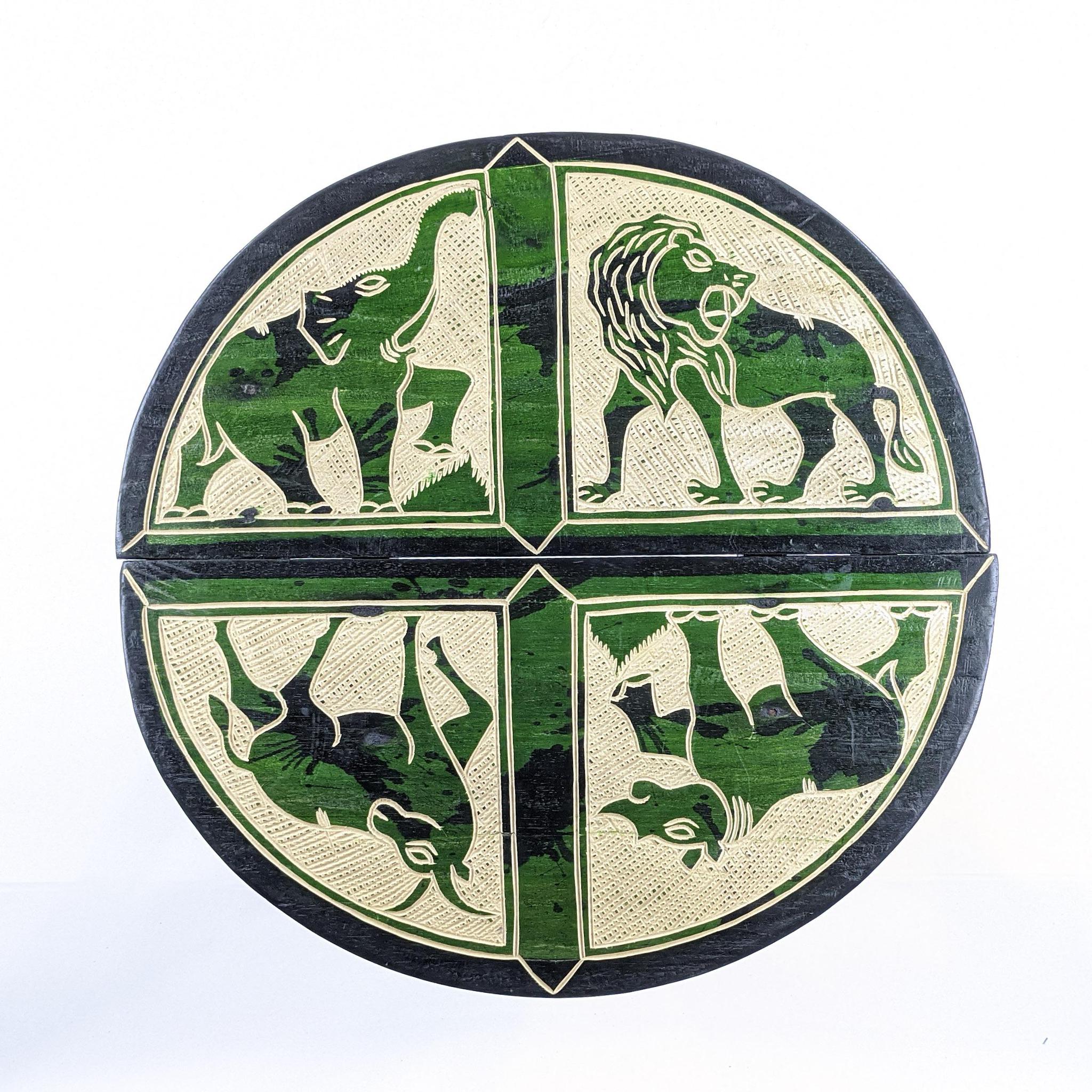 Green Handcrafted Circular Carved Wood Folding Table