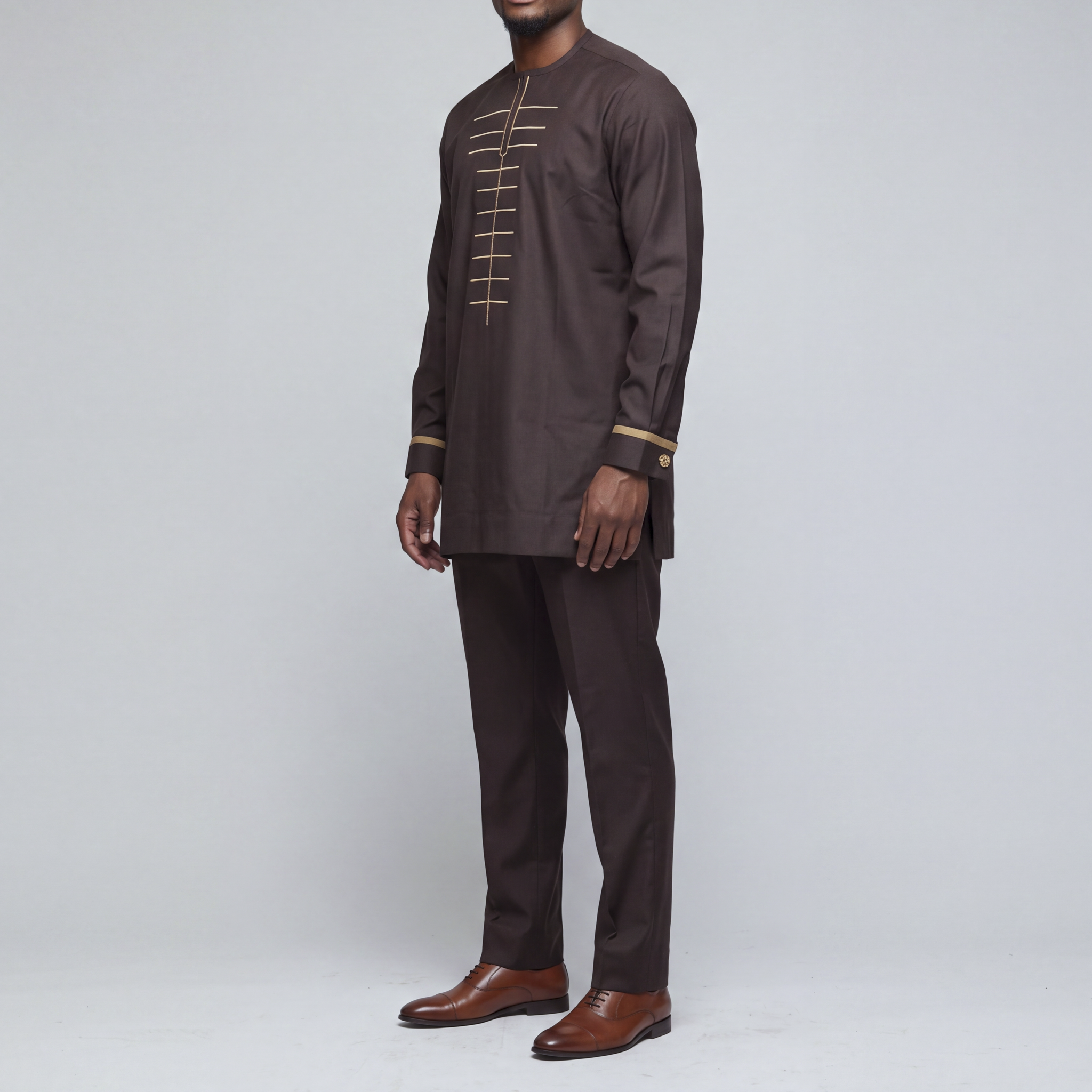 Dark Brown & Gold Embroidered Long-Sleeve Set