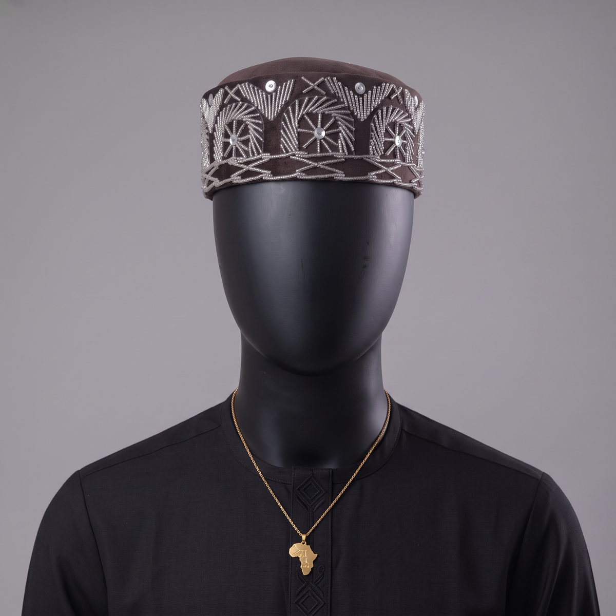 Brown Velvet Beaded Cap
