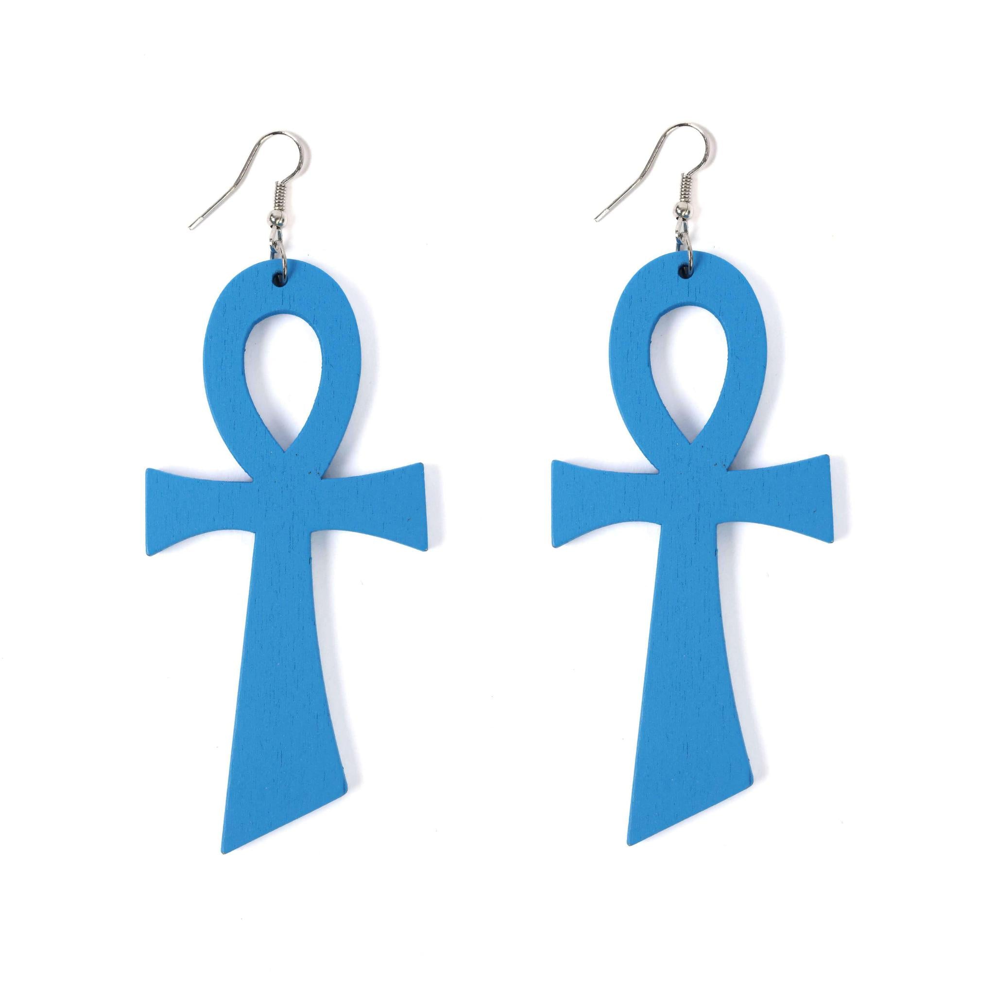 Blue Egyptian Ankh Wooden Drop Earrings