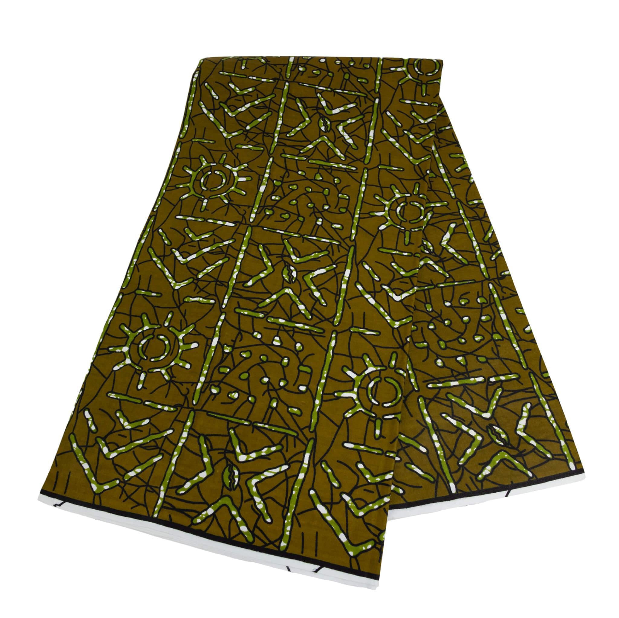 "Earthy Symbols" Olive Green & White Mud Cloth Style Wax Print (Ankara) – 6 Yards