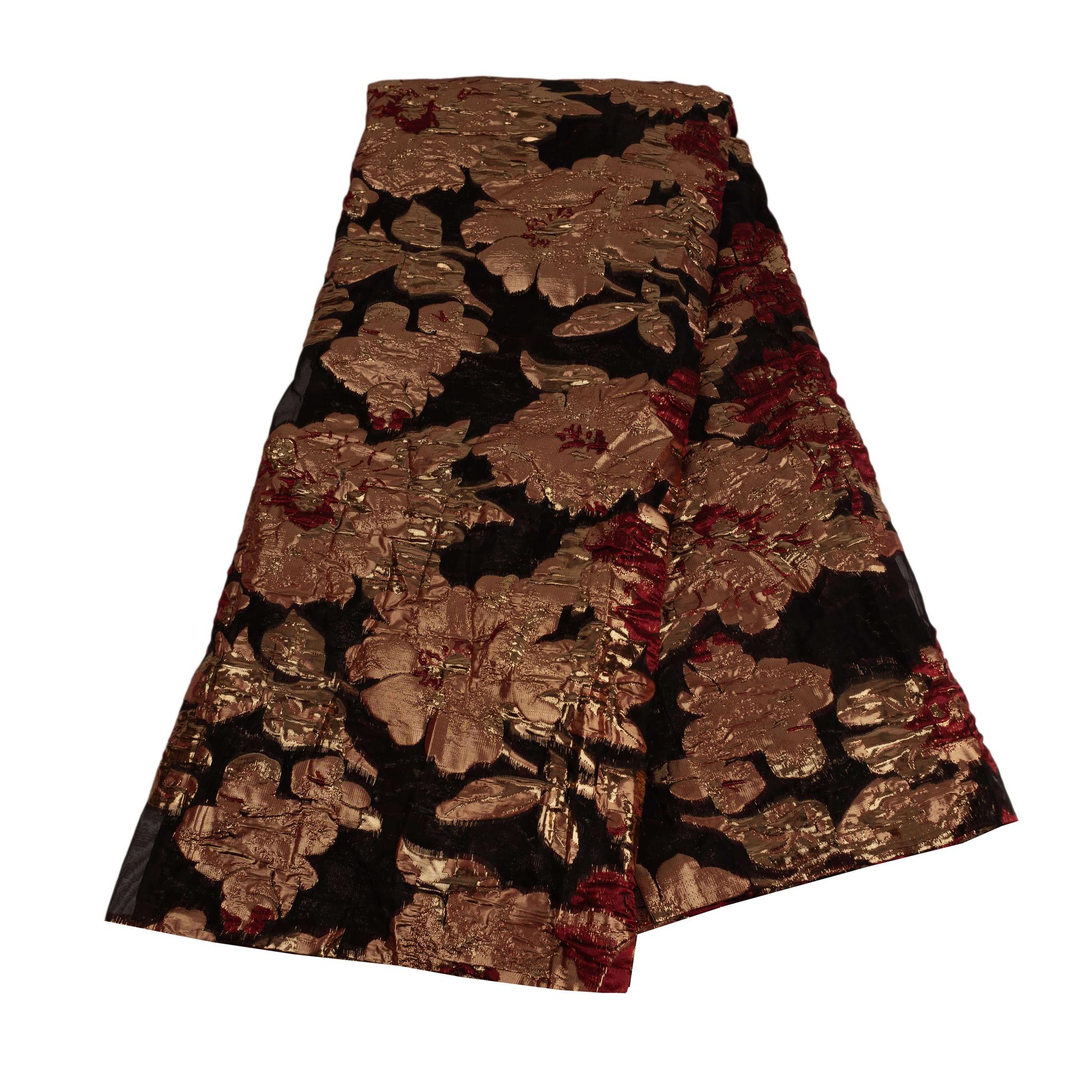 Gold, Black & Burgundy Brocade Net Fabric