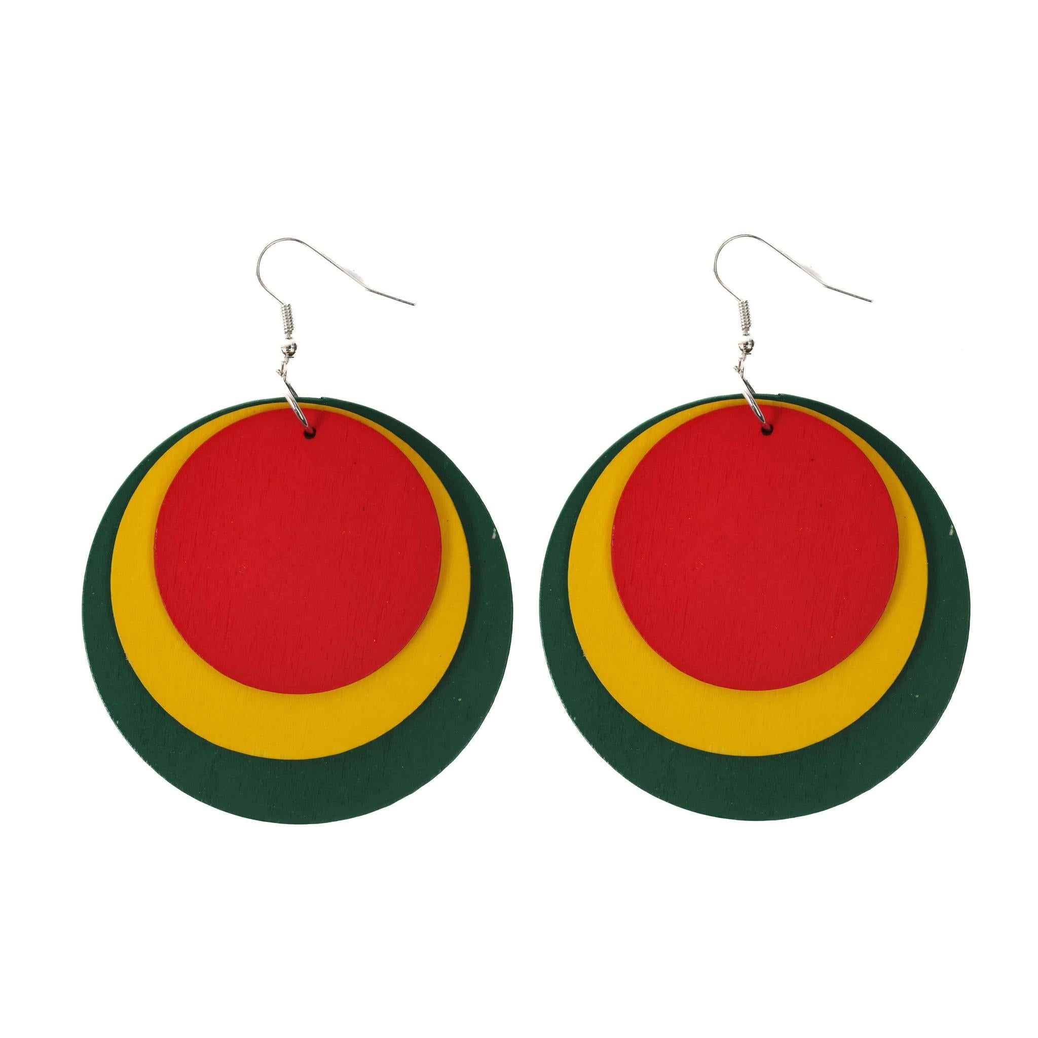 Triple Circled Rasta Colored Wooden Drop Earrings