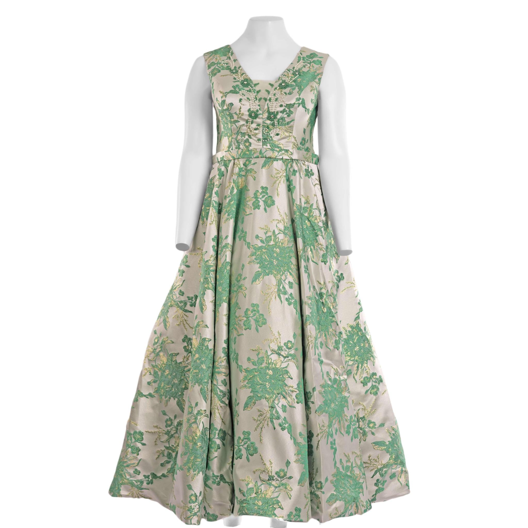 Green V-Nek Brocade Evening Dress