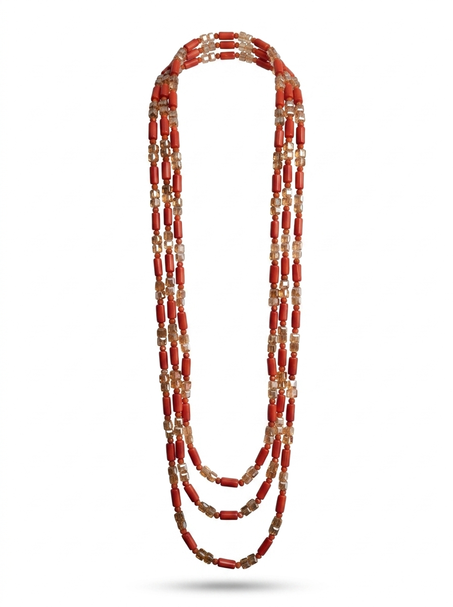 Coral Red & Champagne Crystal Necklaces with 3 Matching Bracelets