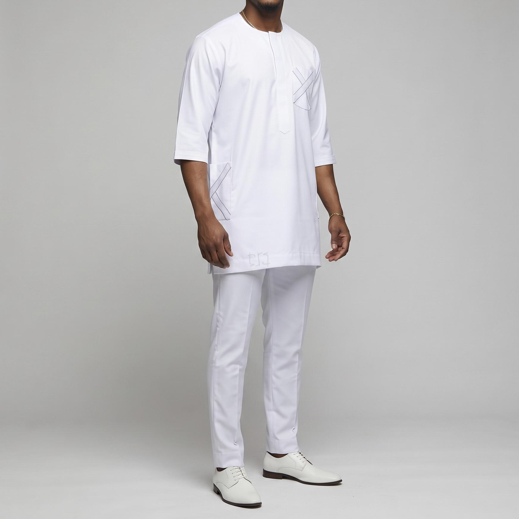 White Short Sleeve Suit w/Grey