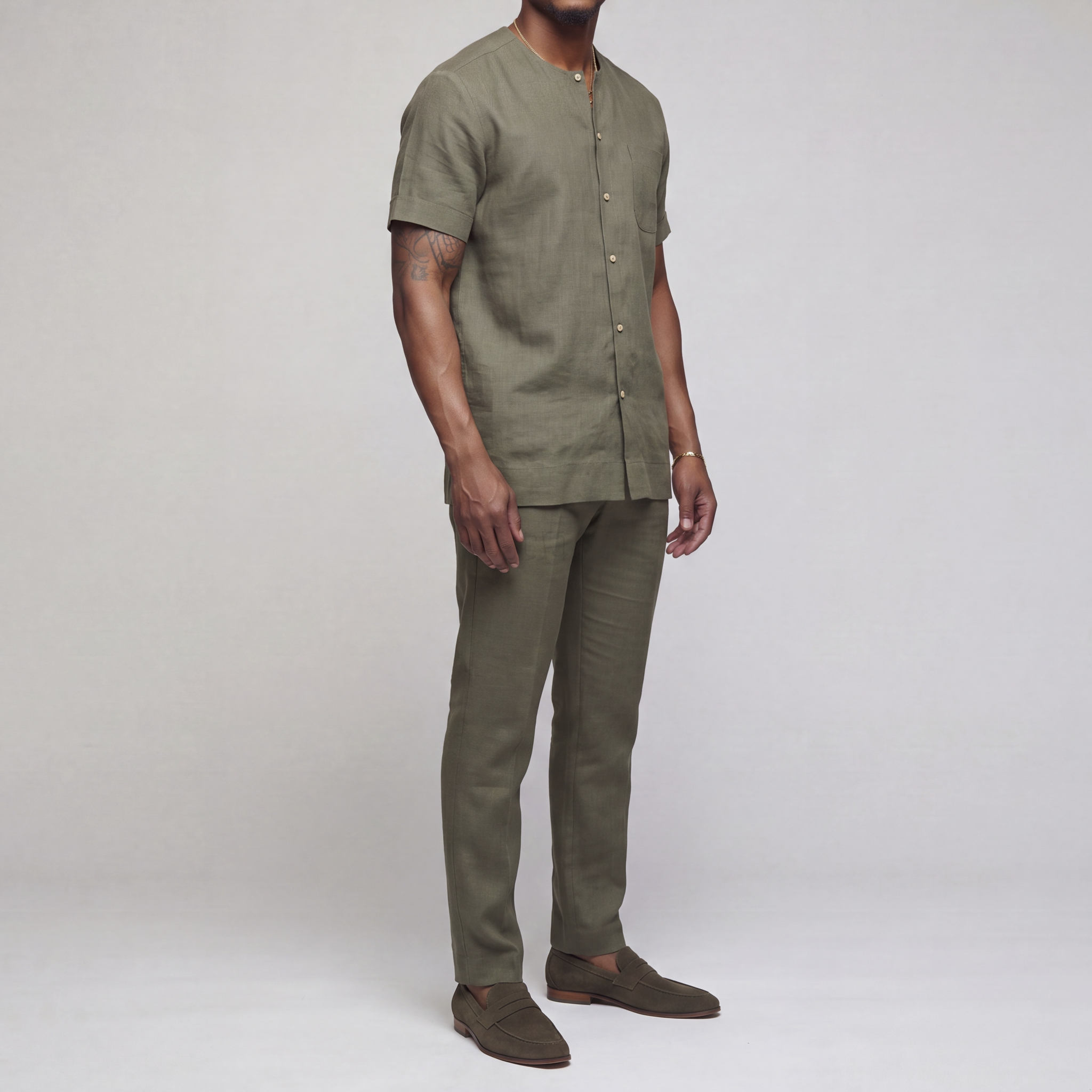 Olive Green Men's Linen Short-Sleeve Senator Set