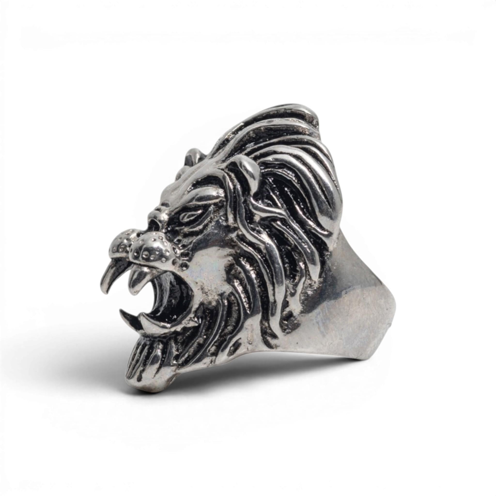 Antiqued Silver-Tone Roaring Lion Statement Ring