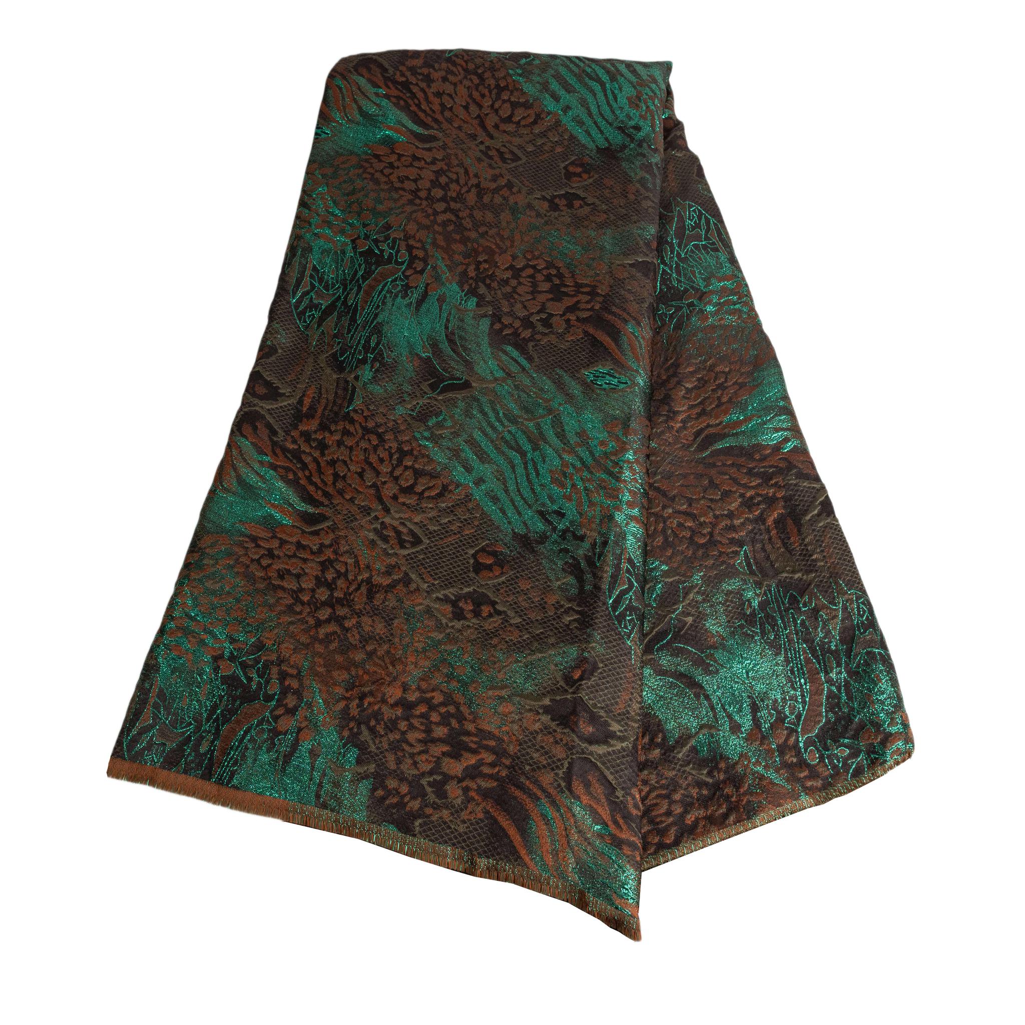 Brown, Black & Green Brocade Fabric