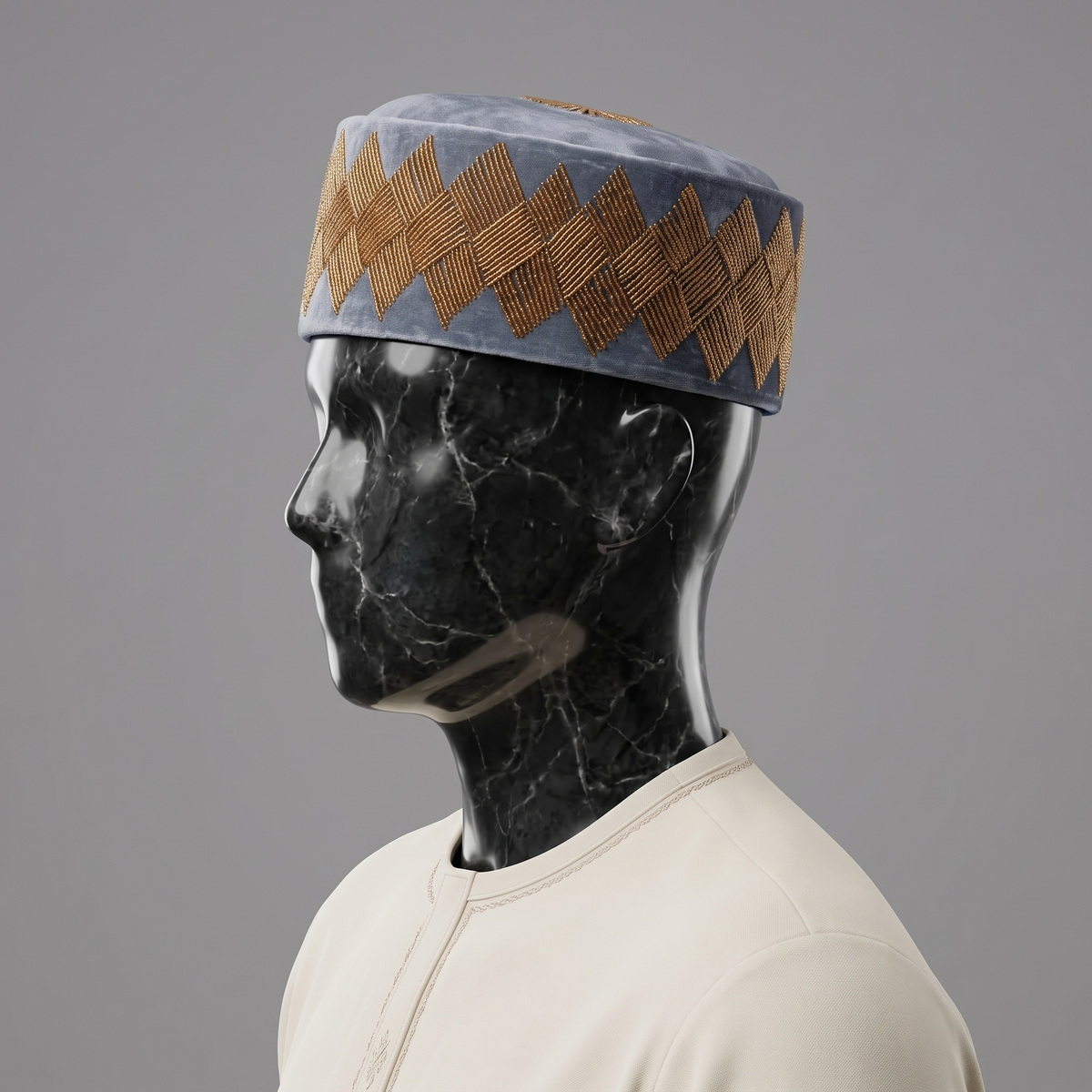 Hand-Beaded Nigerian Grey & Gold Velvet Cap