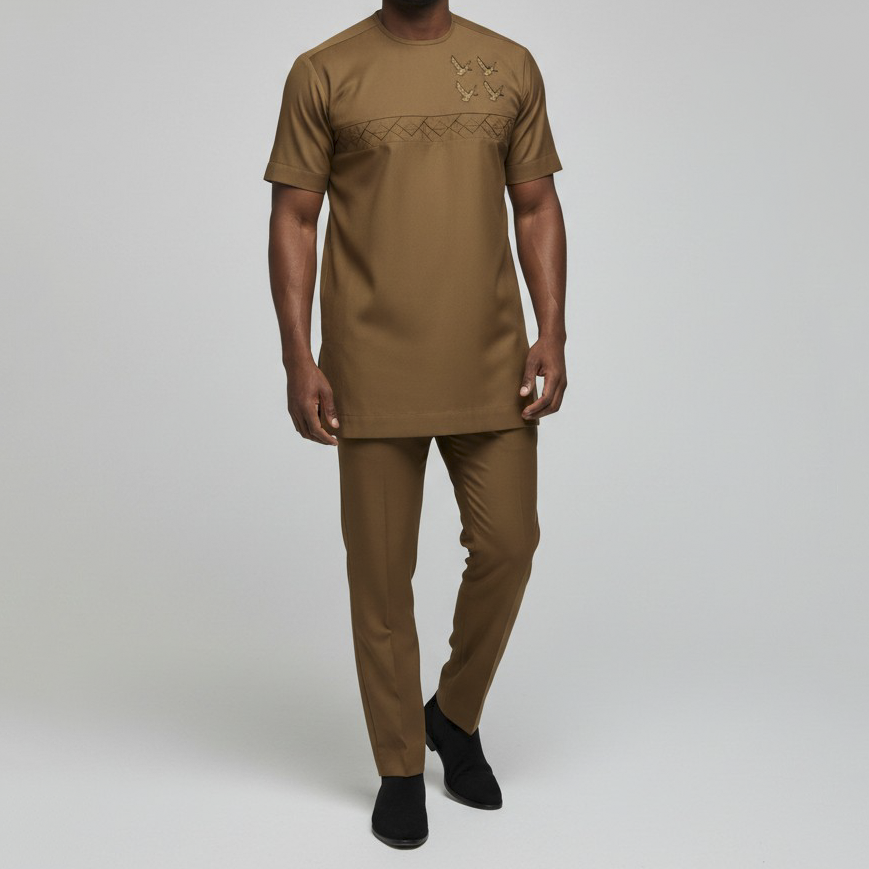 Chestnut Brown Embroidered Men's Cotton Senator Set