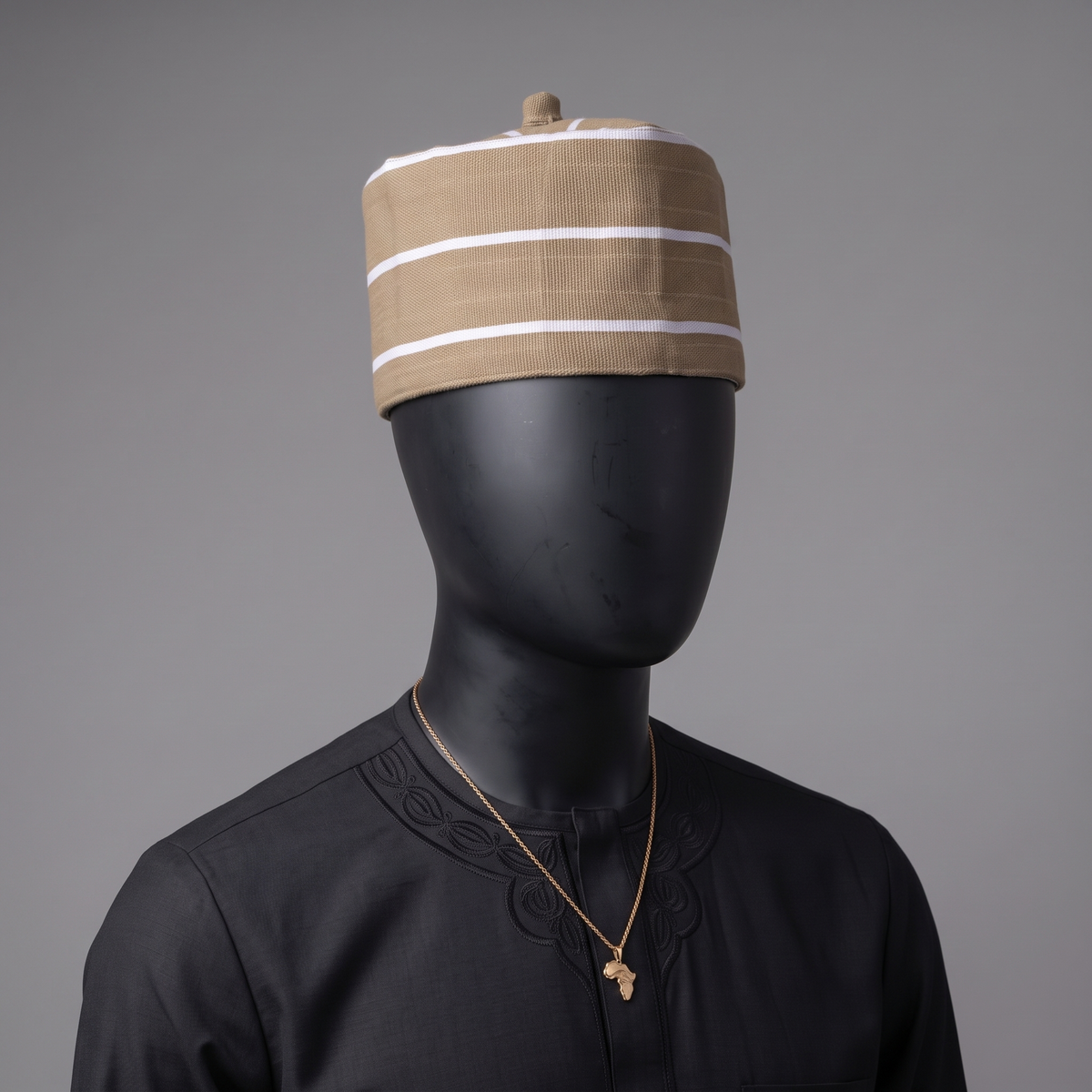 Tan and White (Aso-Oke) Striped Woven Cap with Traditional Top Knot