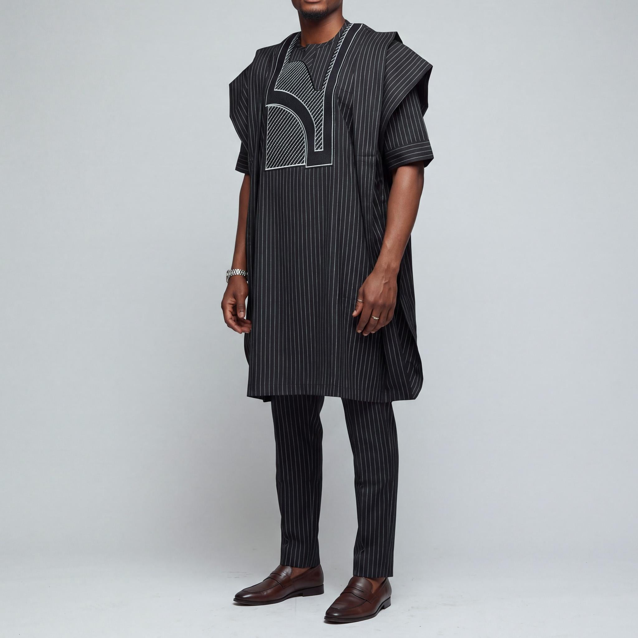 Black & White Pinstripe Modern Two Step Agbada Set