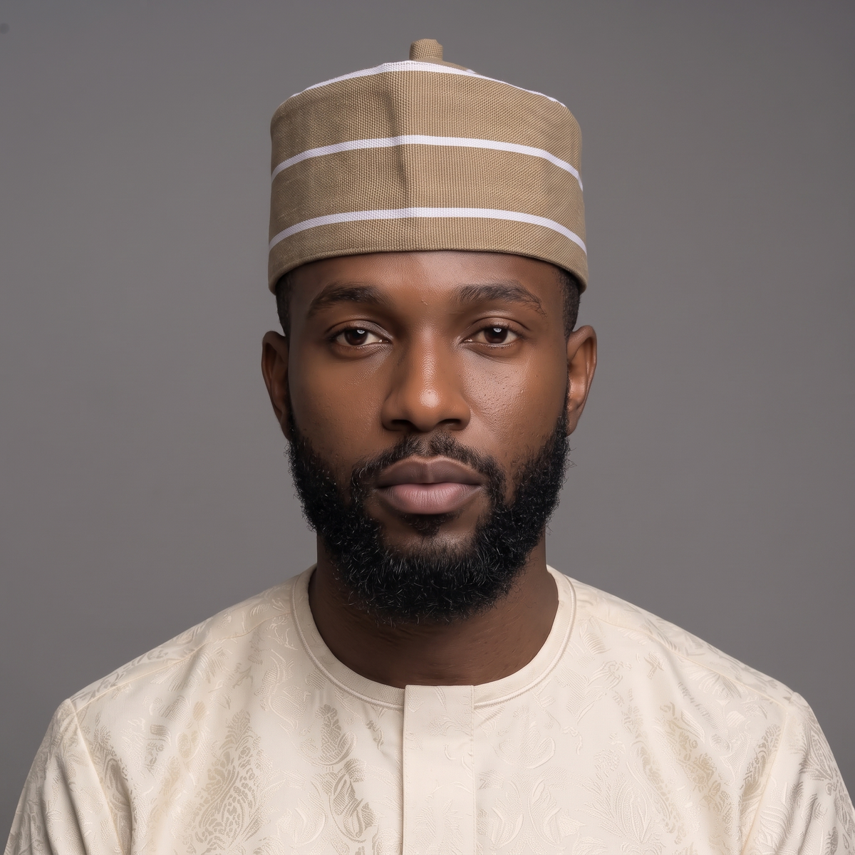 Tan and White (Aso-Oke) Striped Woven Cap with Traditional Top Knot