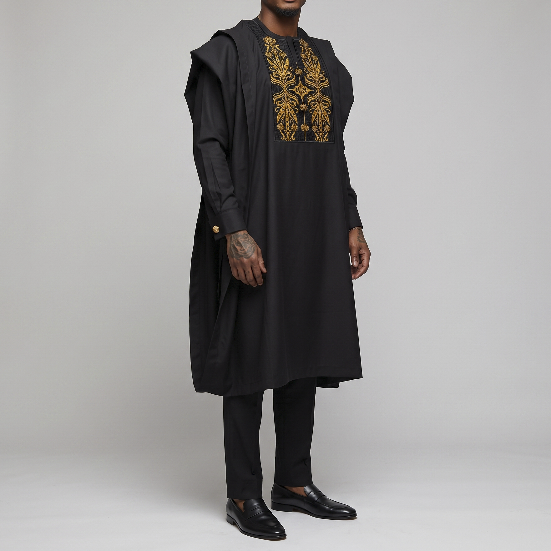 Black with Gold Monogram Embroidery Men's Agbada