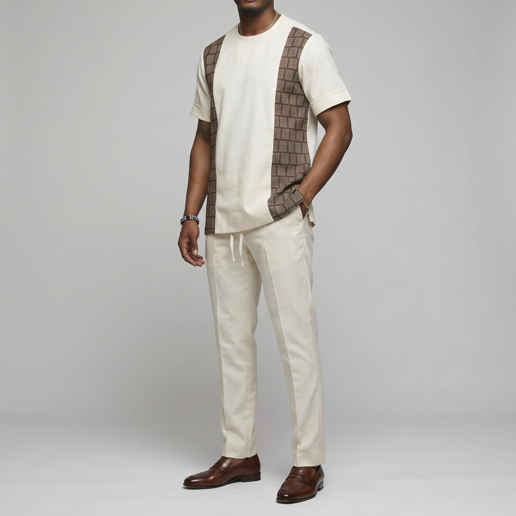 Regal Cream & Gold Damask Short Sleeve Senator Suit