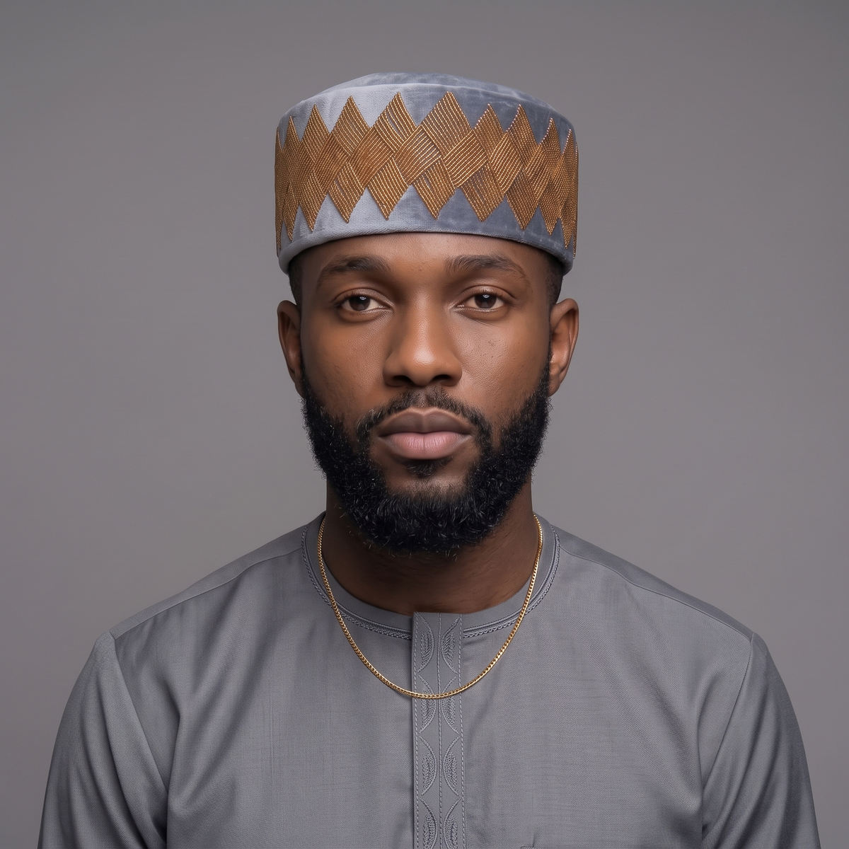 Hand-Beaded Nigerian Grey & Gold Velvet Cap