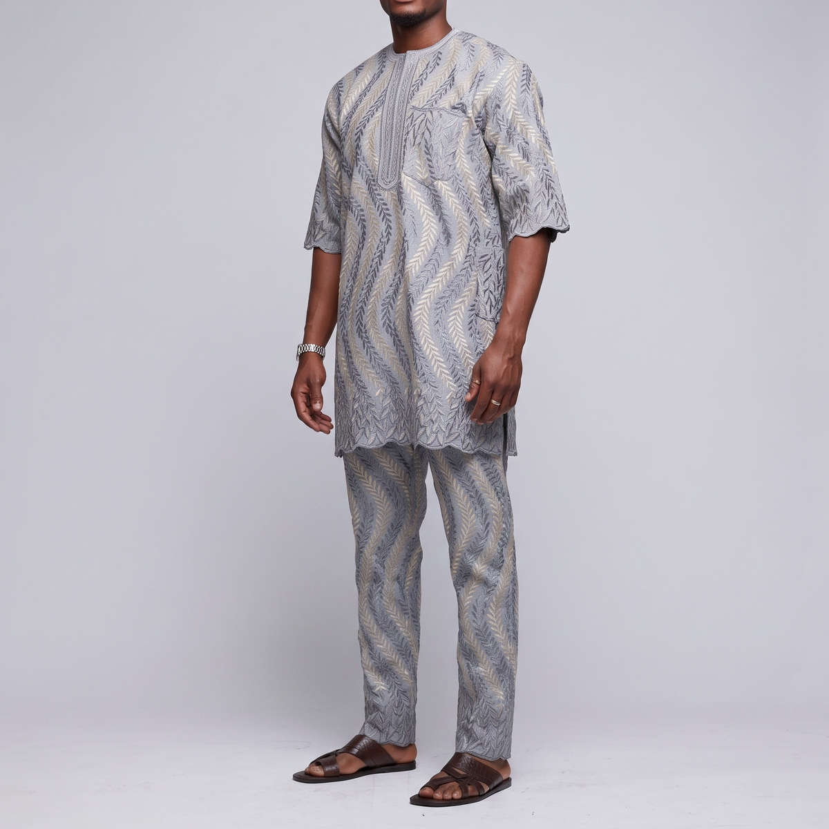 Silver Grey All-Over Embroidered Senator Suit