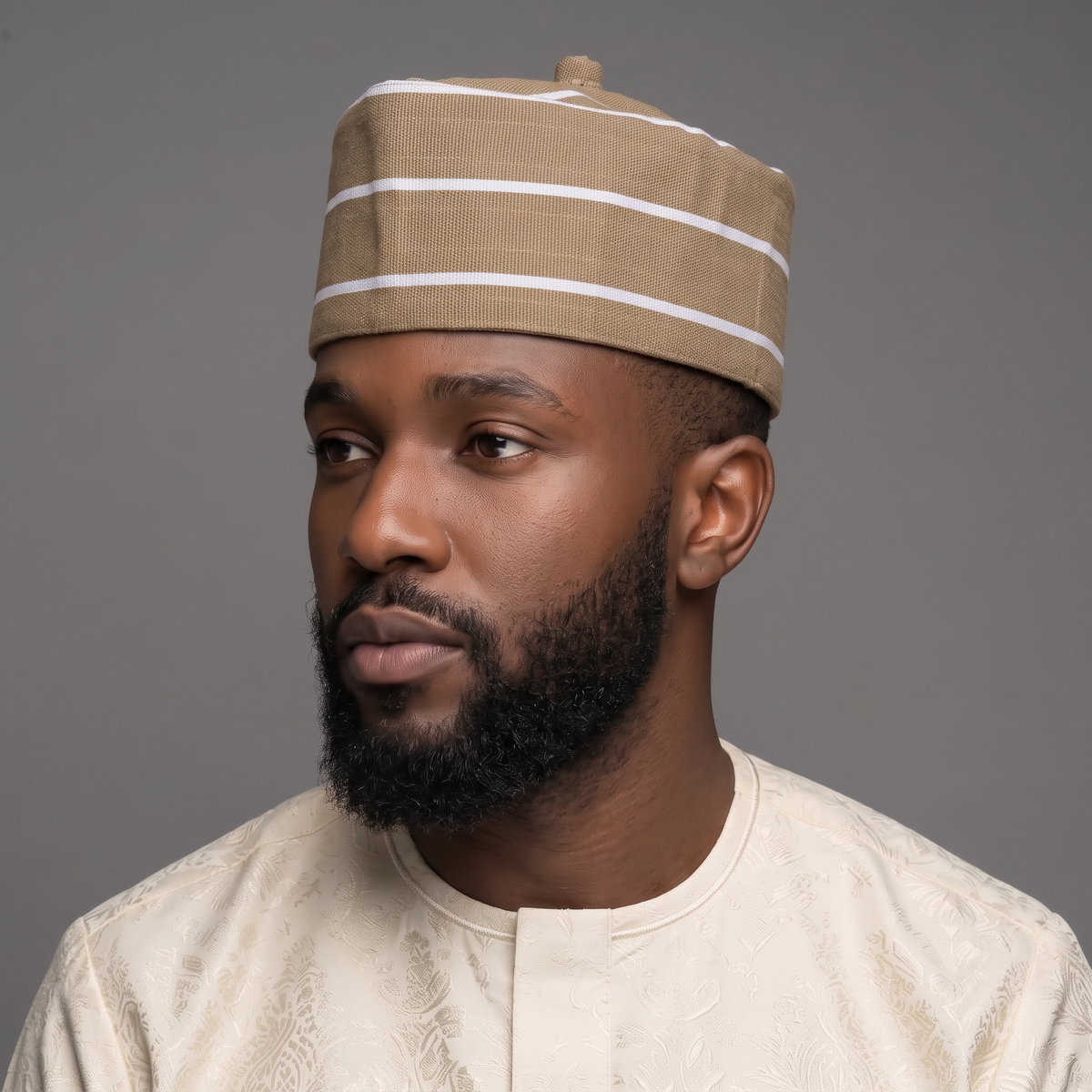 Tan and White (Aso-Oke) Striped Woven Cap with Traditional Top Knot