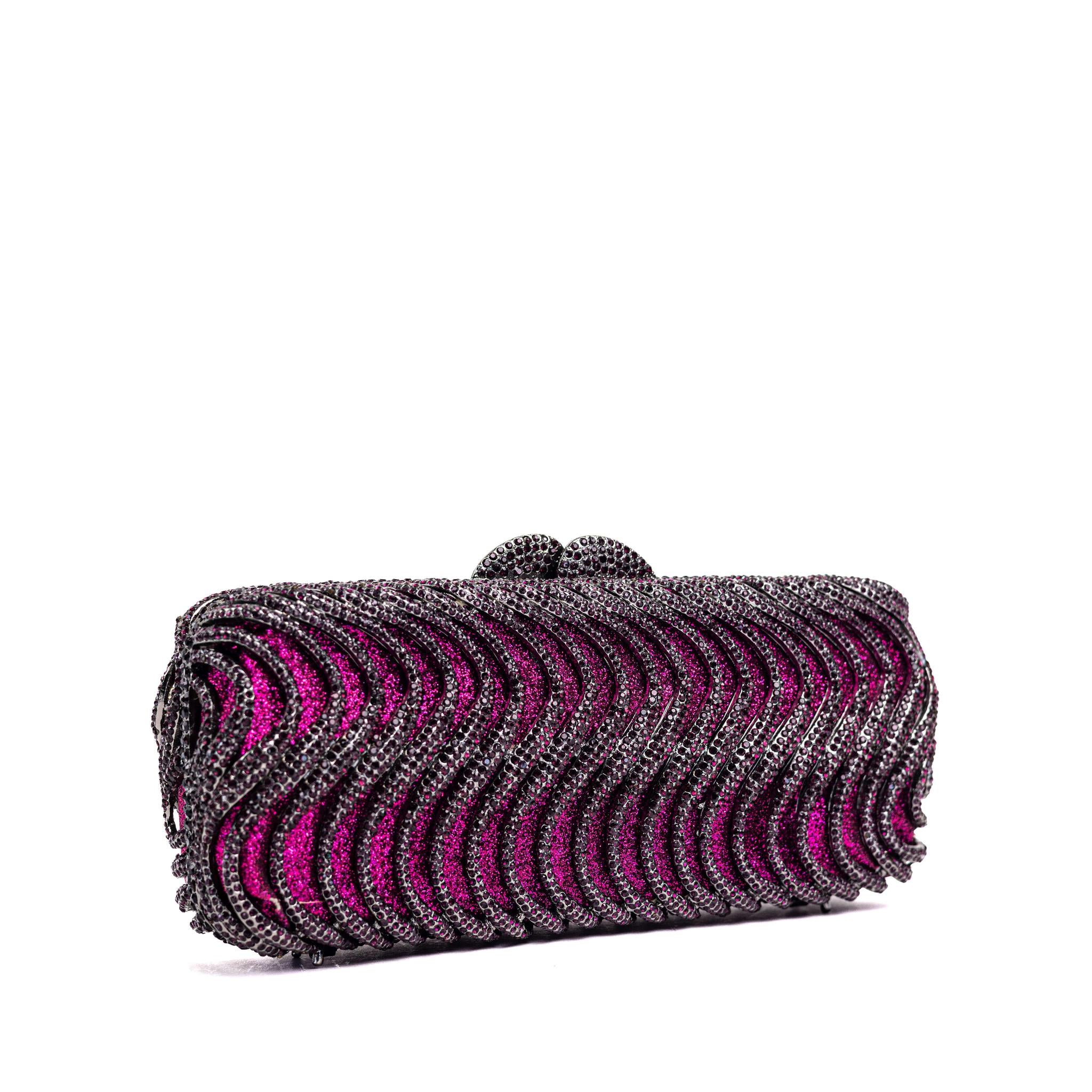 Pink and Black Wavy Rib Striped Rhinestone Clutch Purse