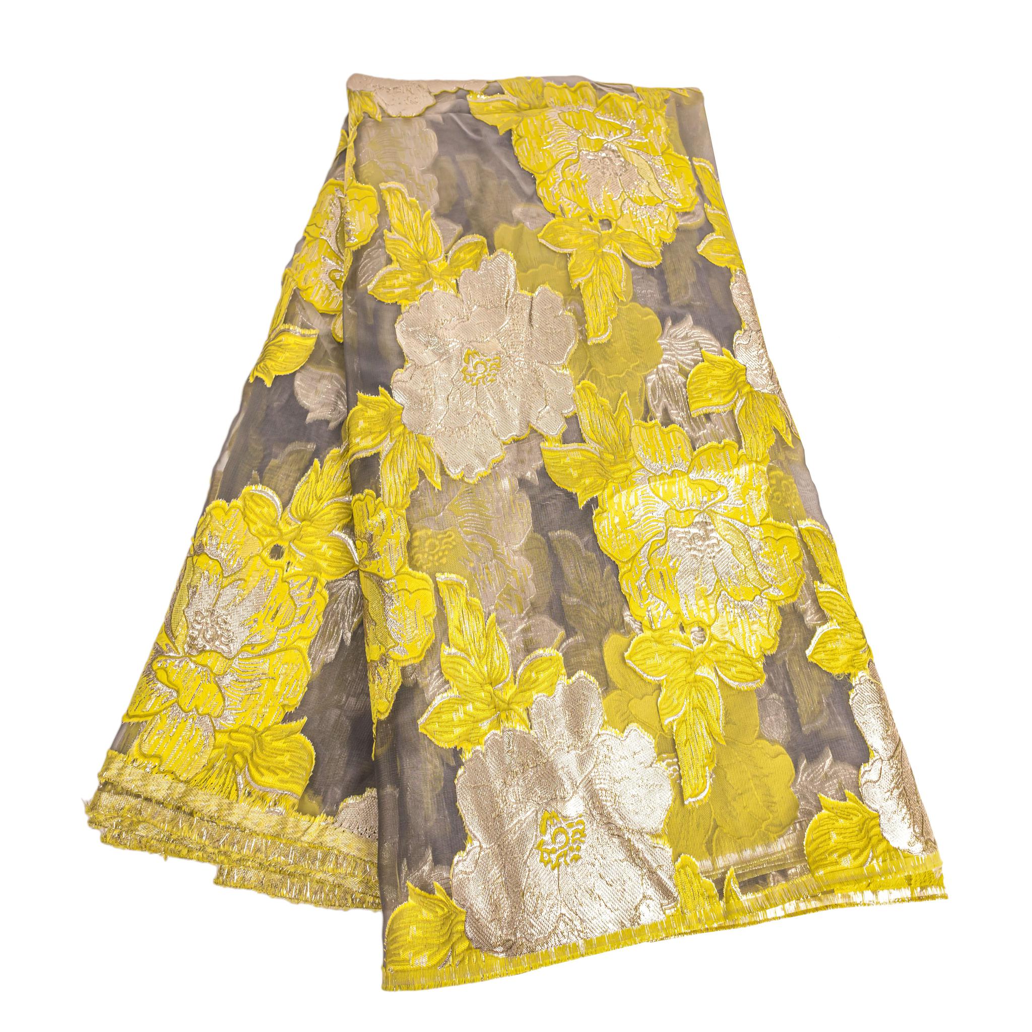 Yellow & Metallic Gold Brocade Net Fabric