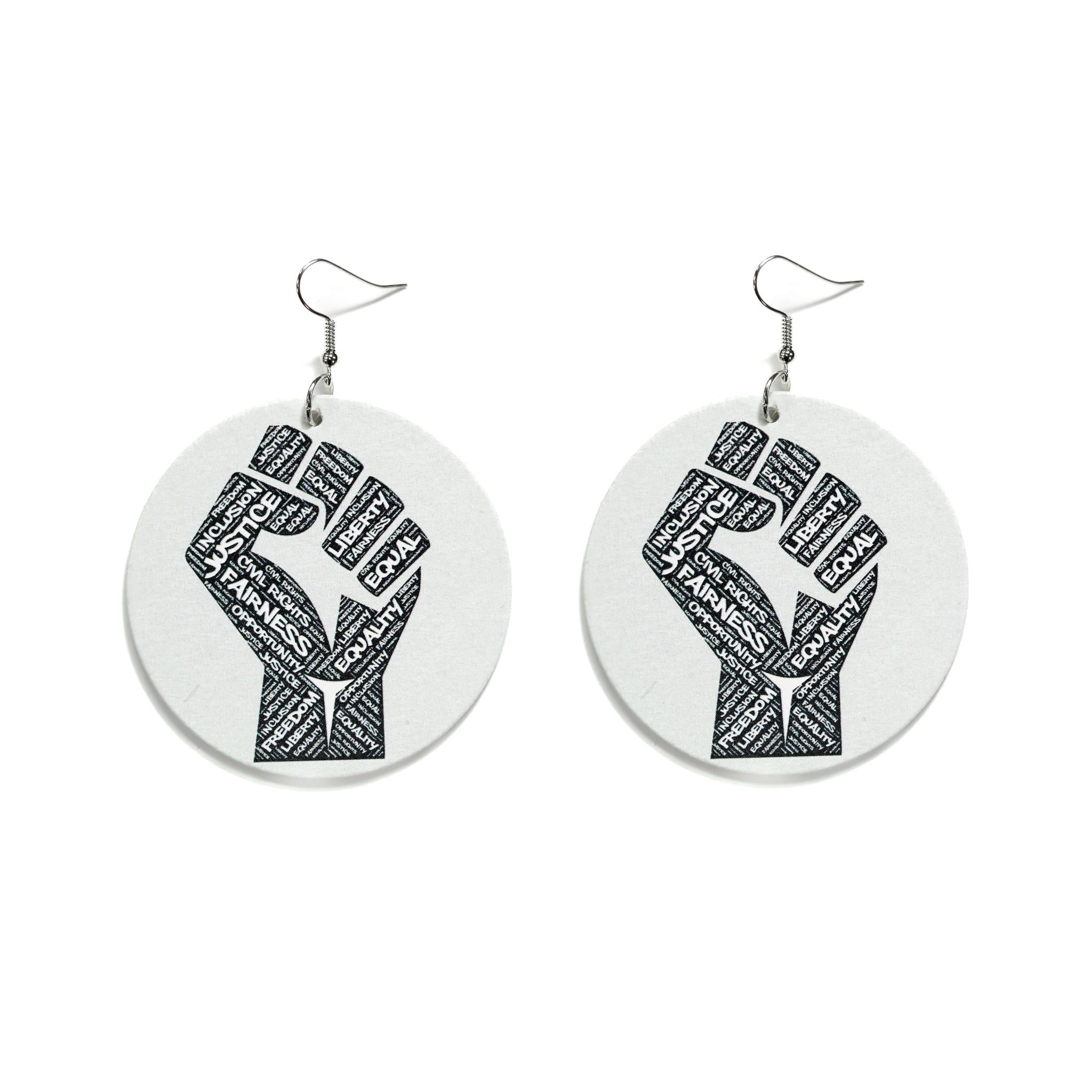 White & Black Power to The People Wooden Earring