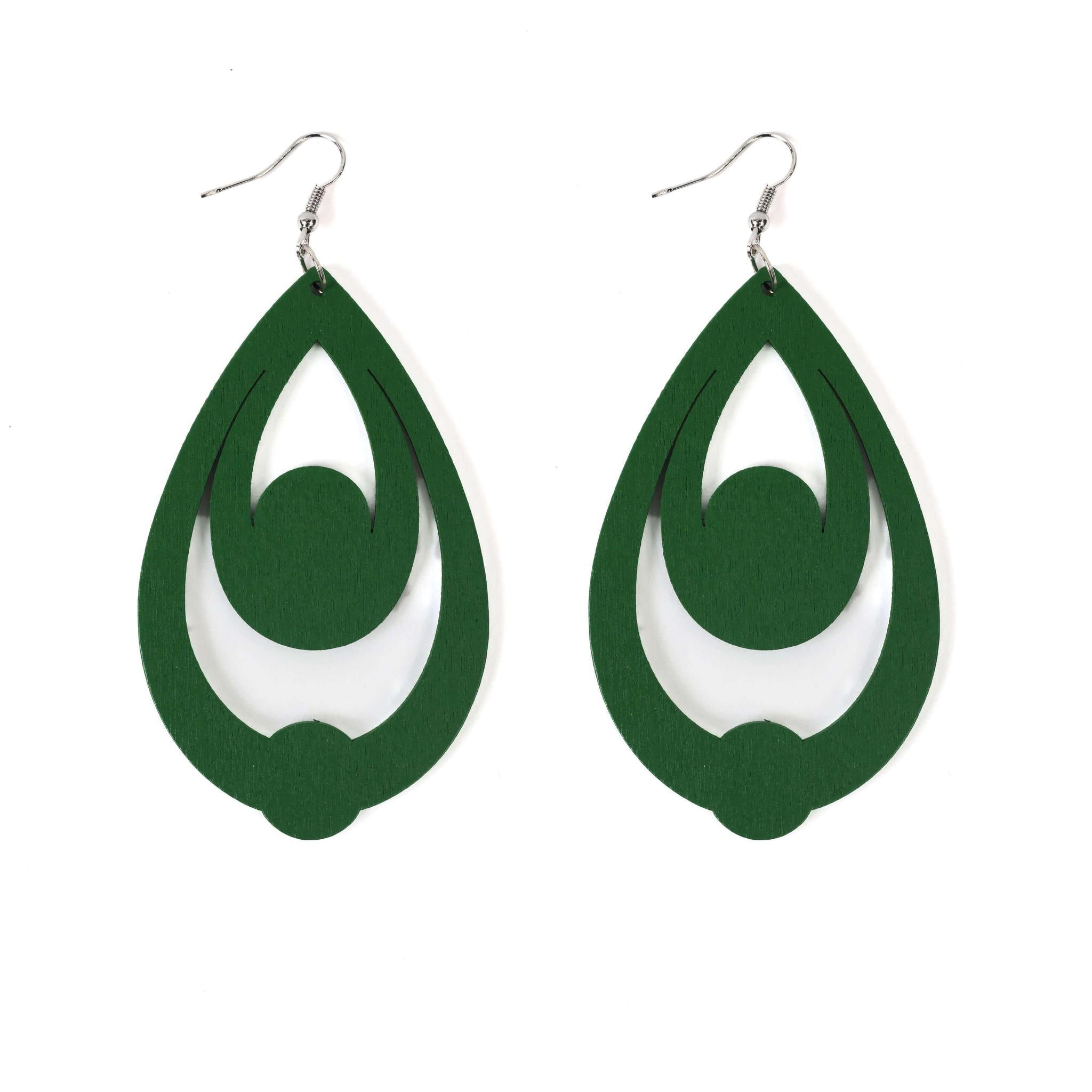 Green Double Oval Tear Drop Wooden Earrings