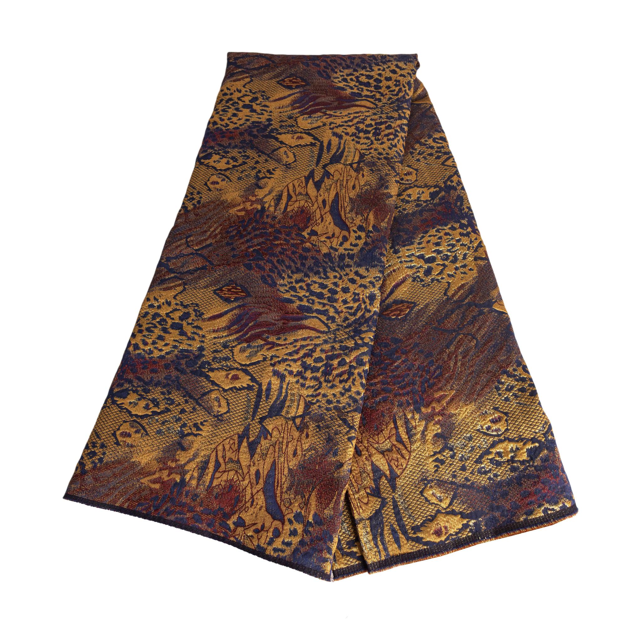 Blue, Gold & Burgundy Brocade Fabric