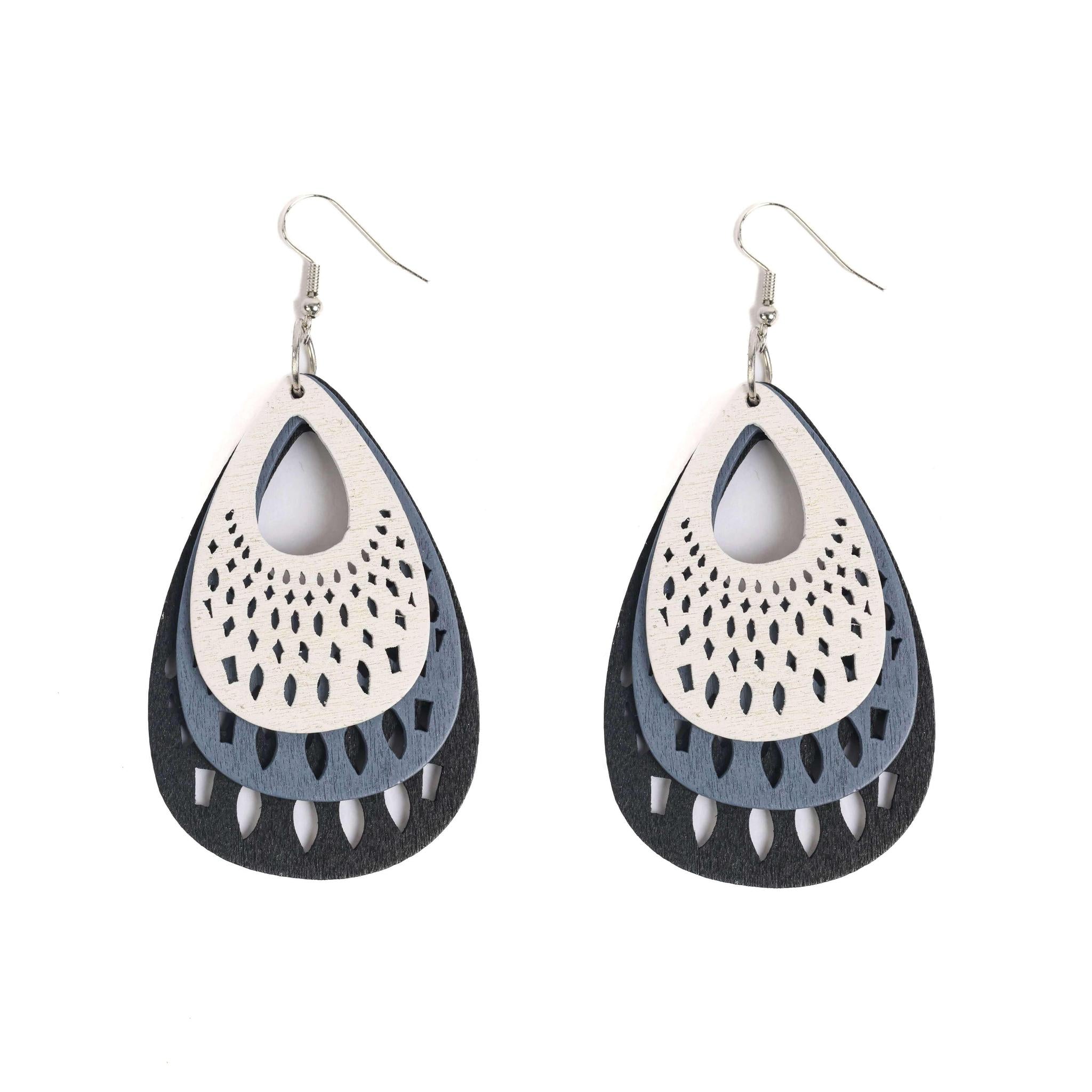 Off White, Grey, and Black Bohemian Lightweight Wooden Earrings