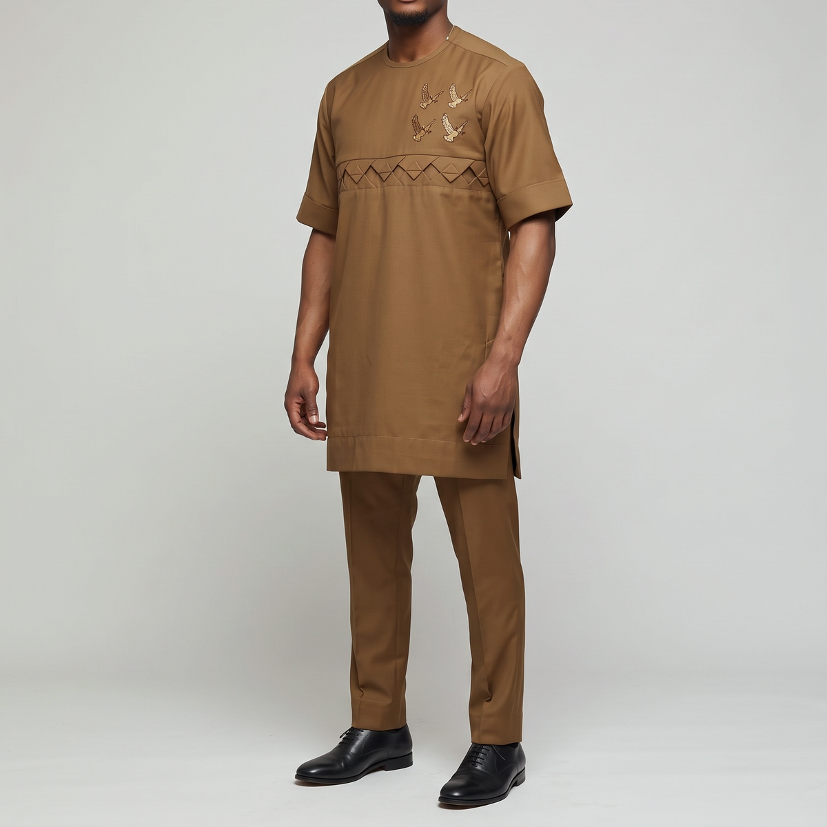 Chestnut Brown Embroidered Men's Cotton Senator Set