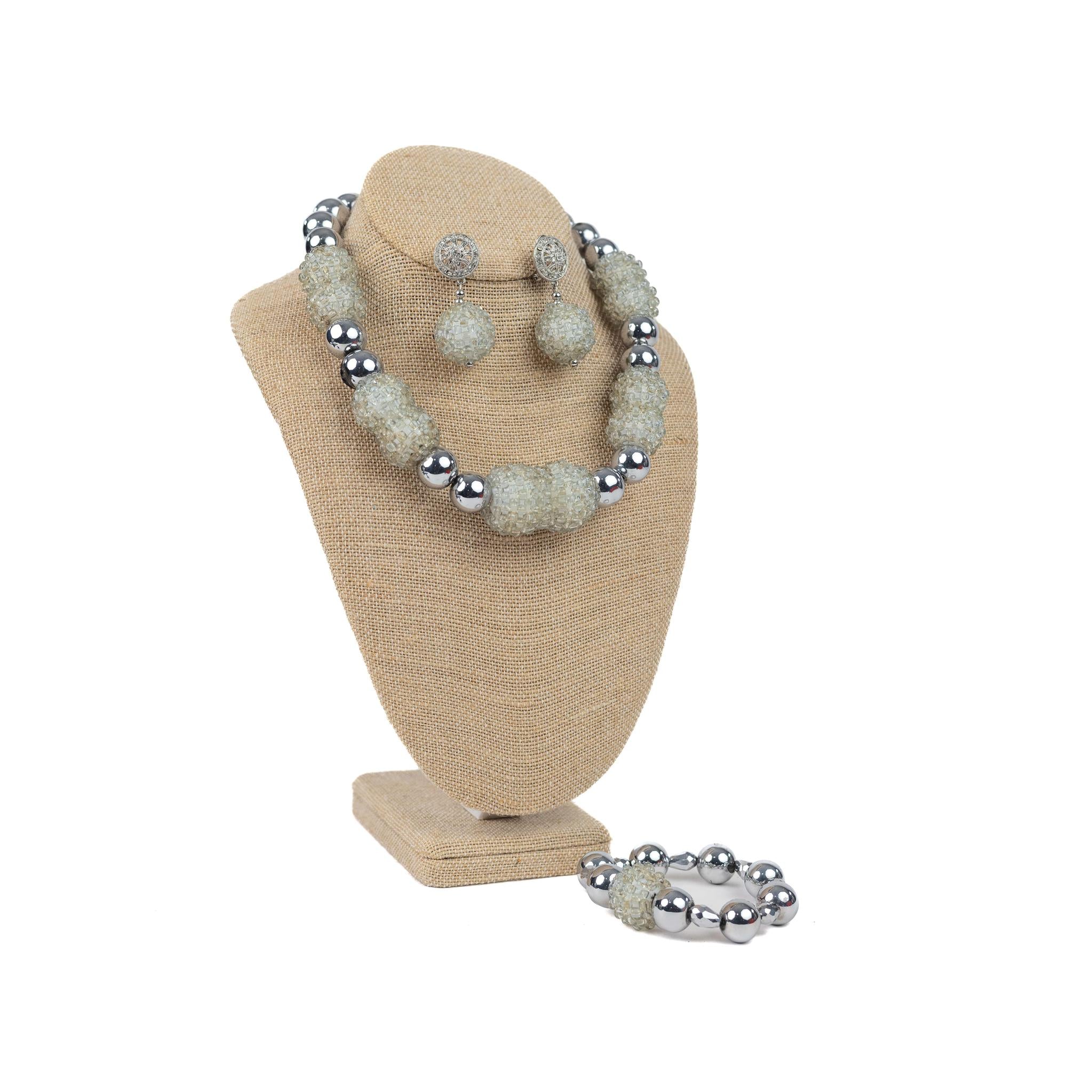 Silver Ball Elegant Frosted Crystal & Polished Silver Bead Jewelry Set