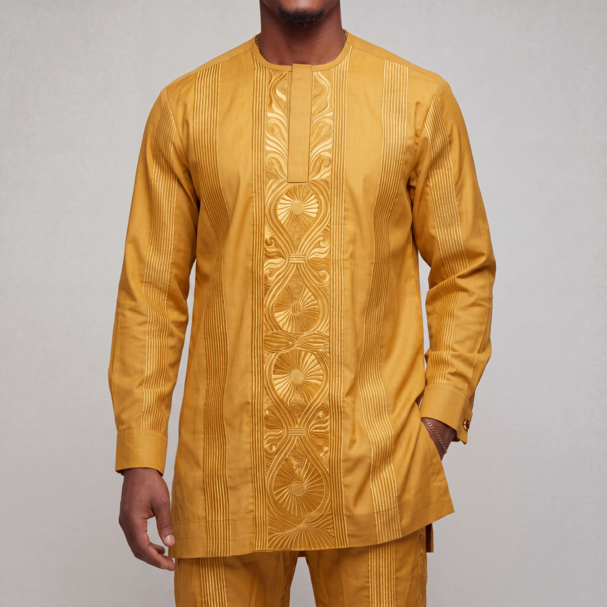 Regal Gold Embroidered Nigerian Cotton Two-Piece Suit