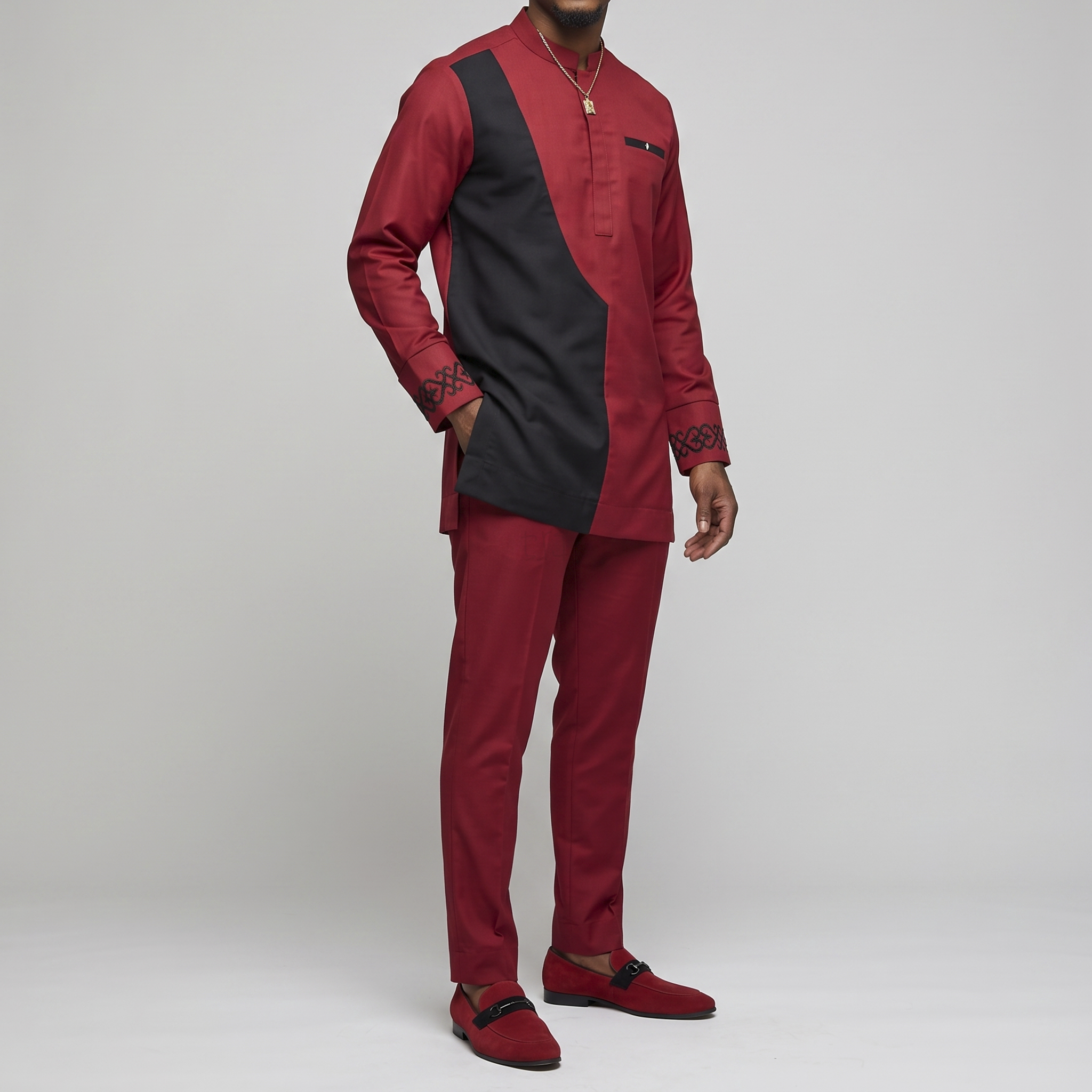 Wine & Black Mandarin Collar Pant Set