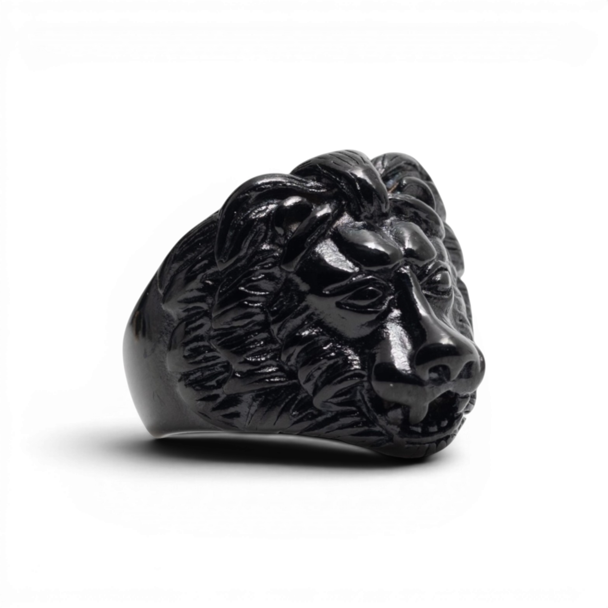 Sleek Black Sculpted Lion Head Statement Ring
