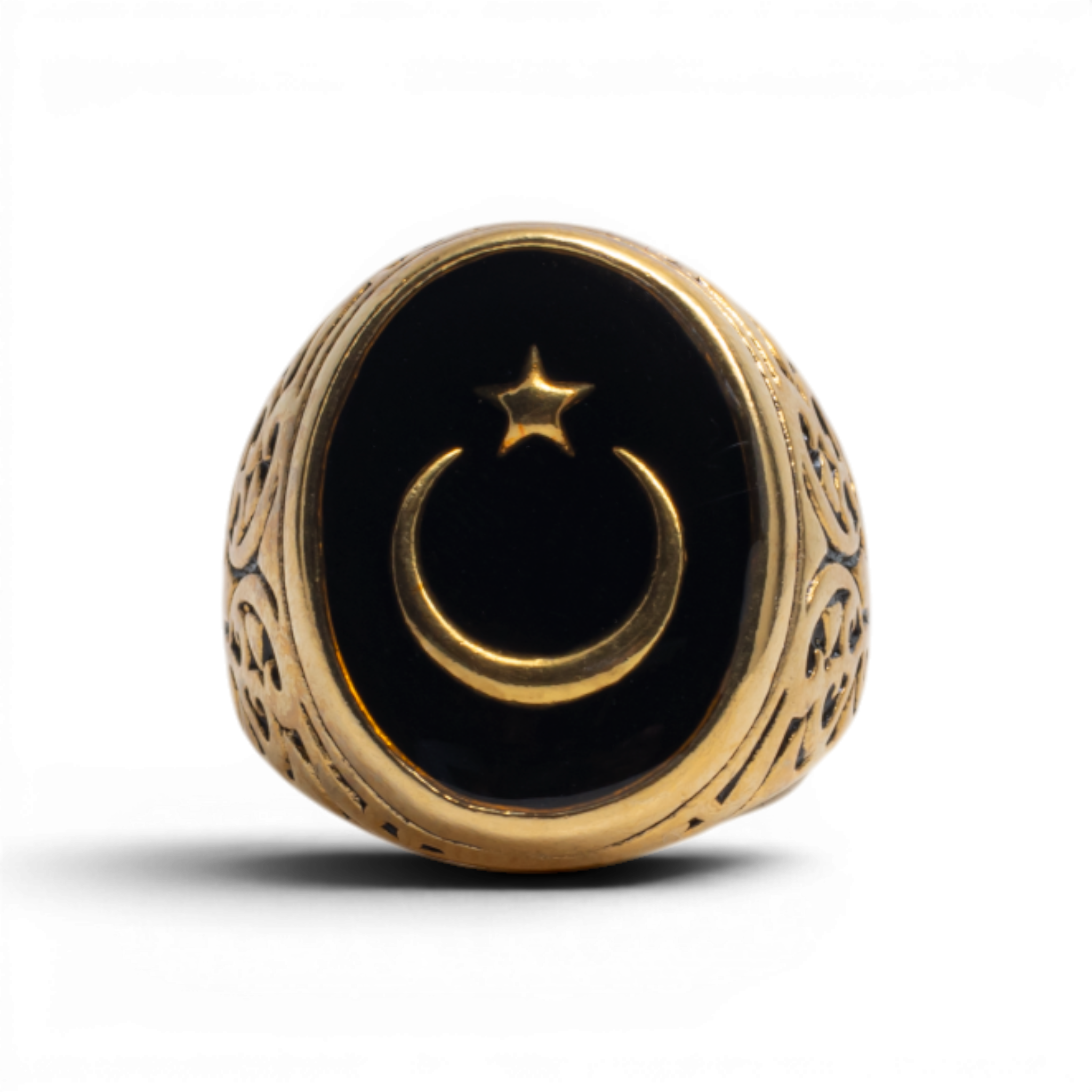 Antiqued Gold-Tone Star and Crescent Signet Ring
