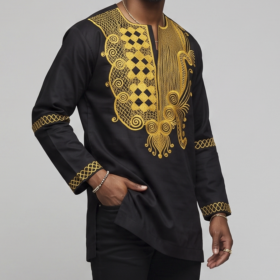 Black & Gold Men’s Embroidered Long-sleeve Top